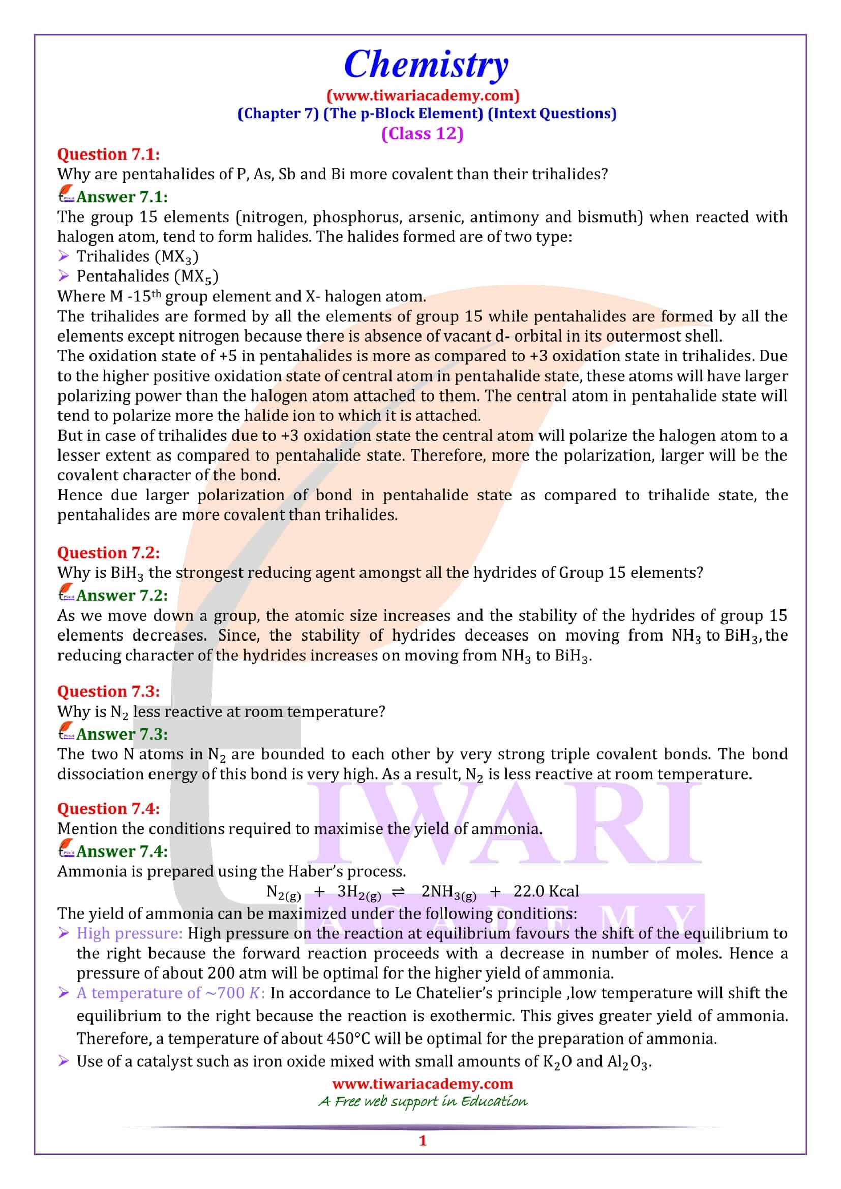 NCERT Solutions for Class 12 Chemistry Chapter 7 Intext