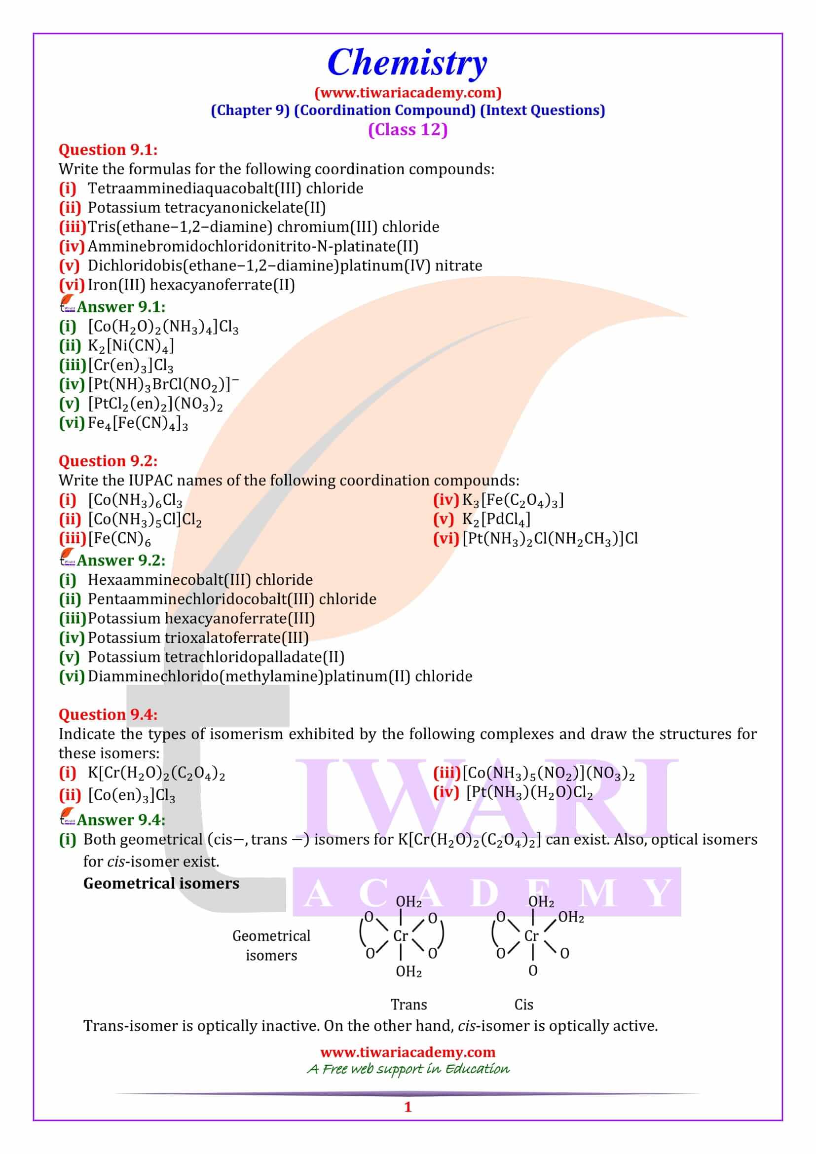 NCERT Solutions for Class 12 Chemistry Chapter 9 Intext