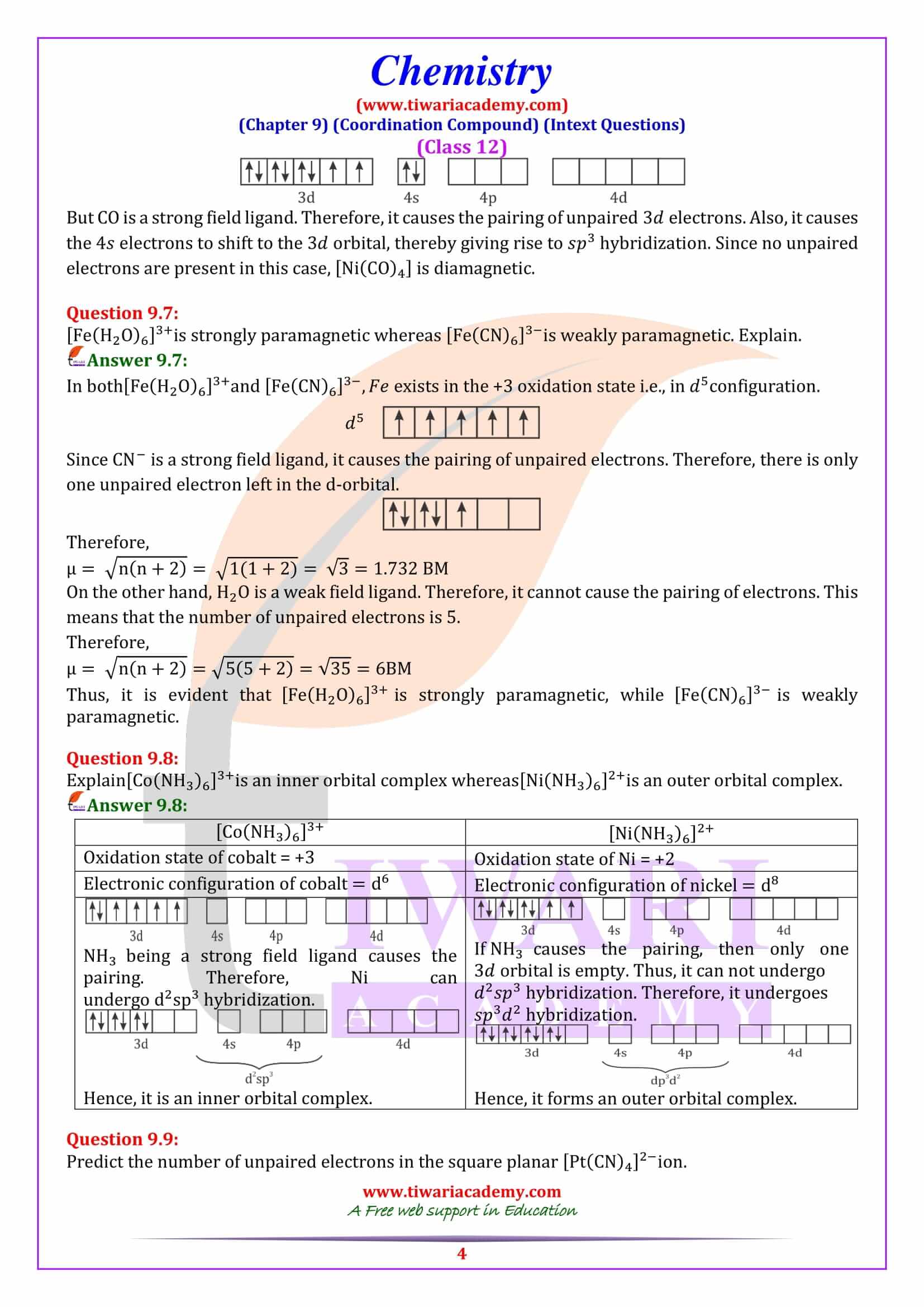 NCERT Solutions for Class 12 Chemistry Chapter 9 Coordination Compound
