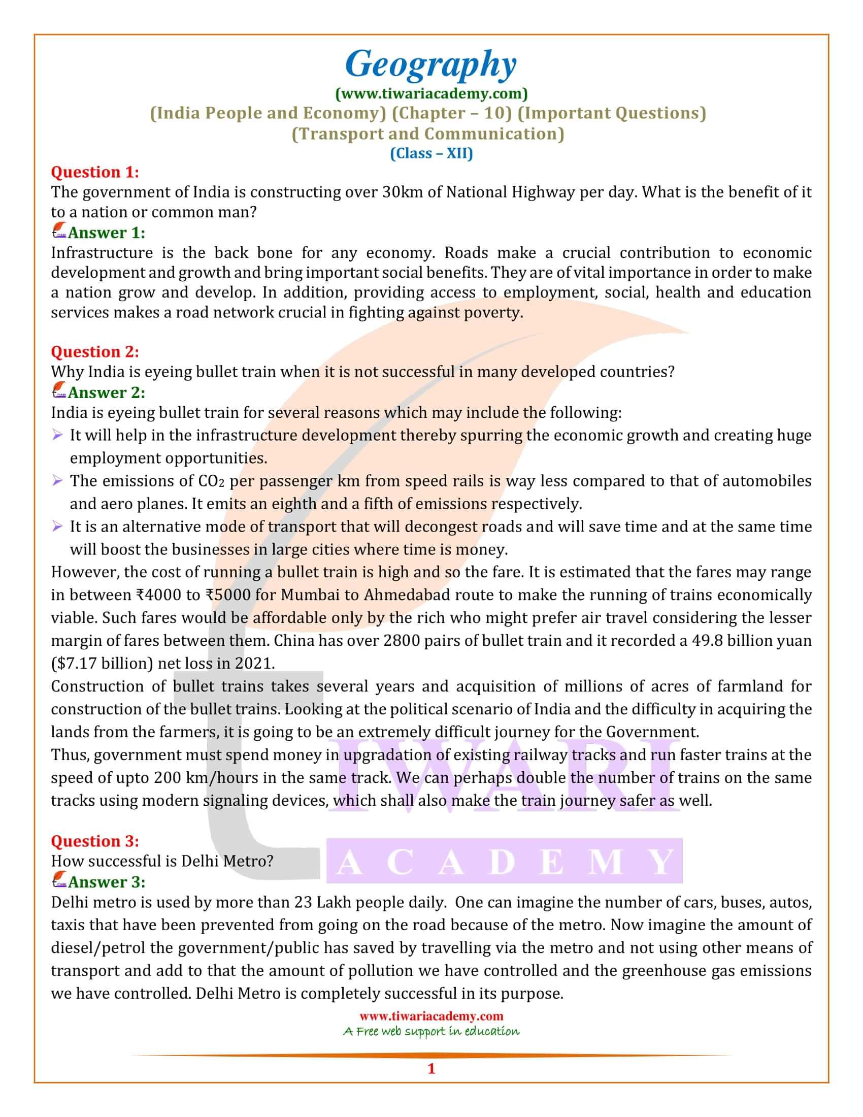 Class 12 Geography Chapter 10 Important Question Answers