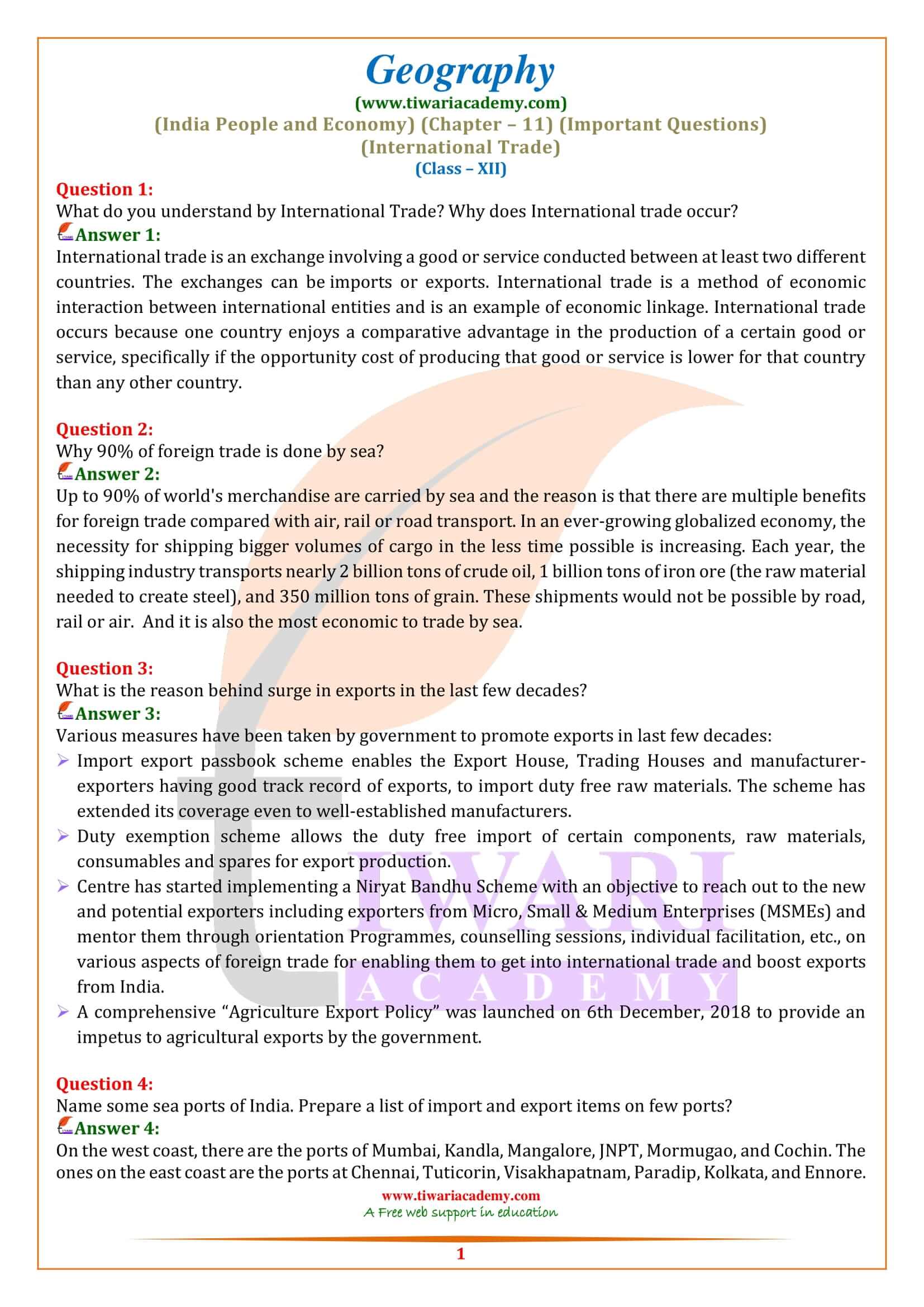 Class 12 Geography Chapter 11 Important Questions