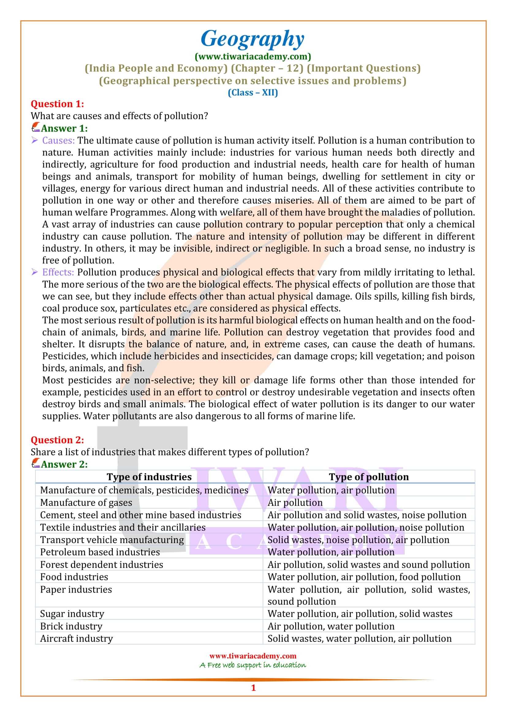 Class 12 Geography Chapter 12 Important Question Answers