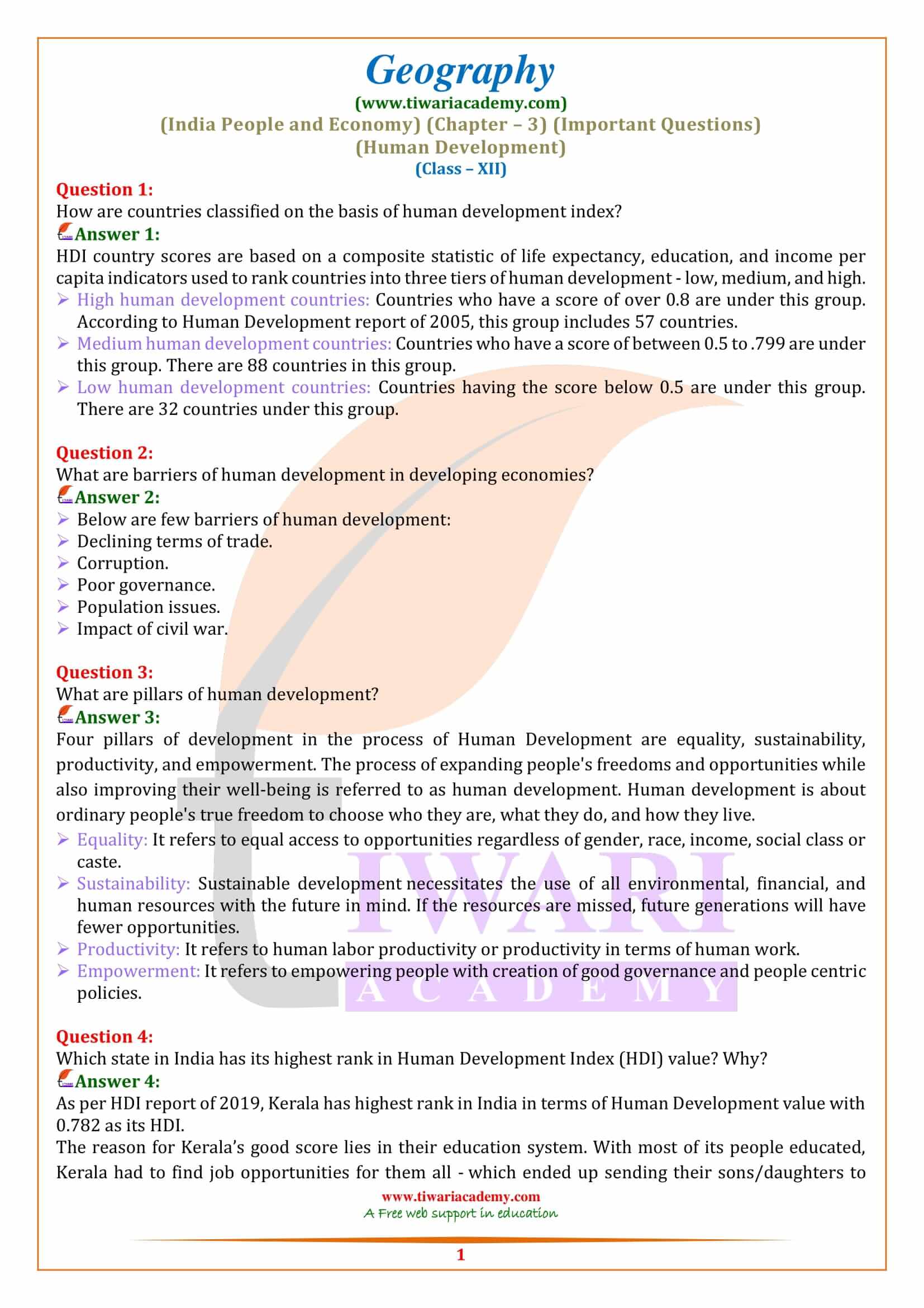 Class 12 Geography Chapter 3 Important Question Answers