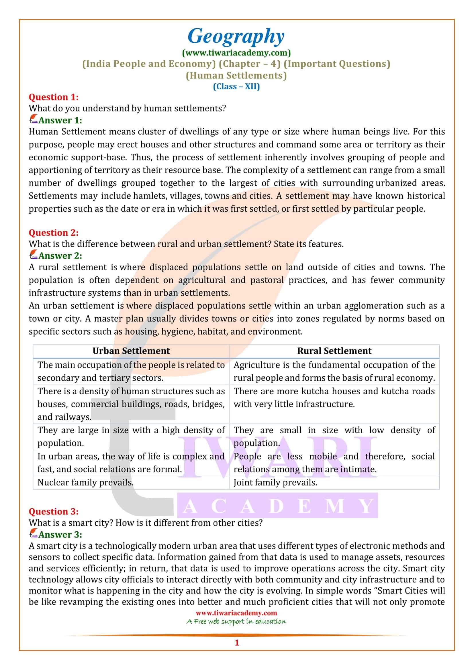 Class 12 Geography Part 2 Chapter 4 Important Question Answers