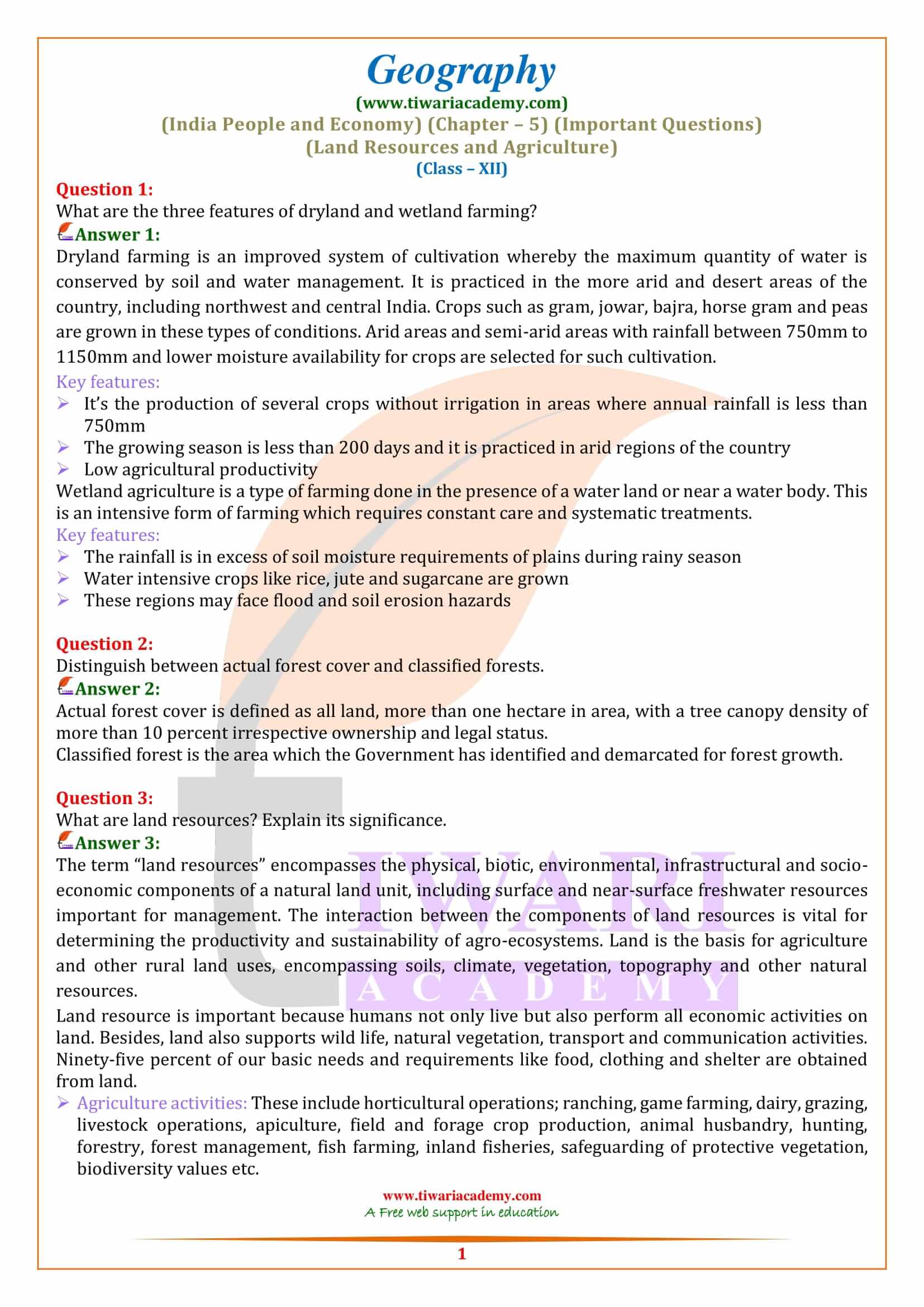 Class 12 Geography Chapter 5 Important Question Answers