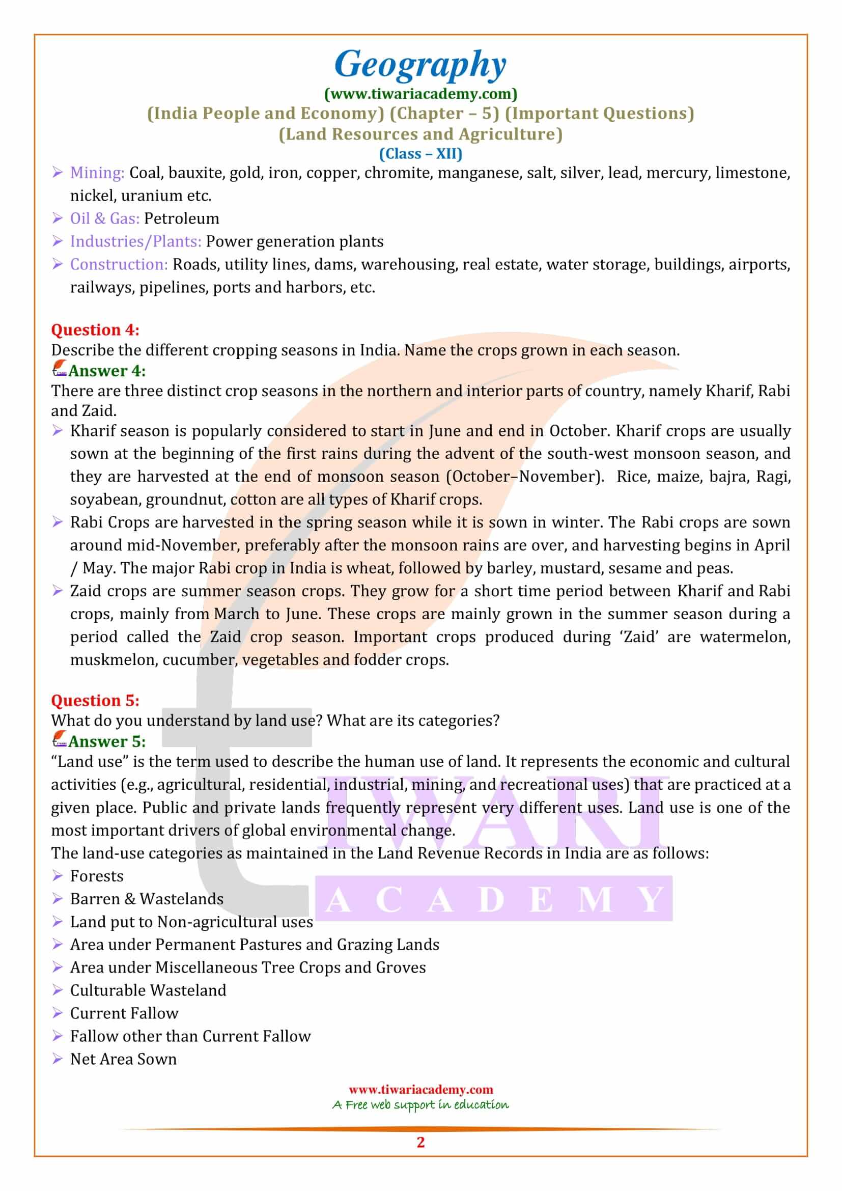 Class 12 Geography Chapter 5 Extra Questions