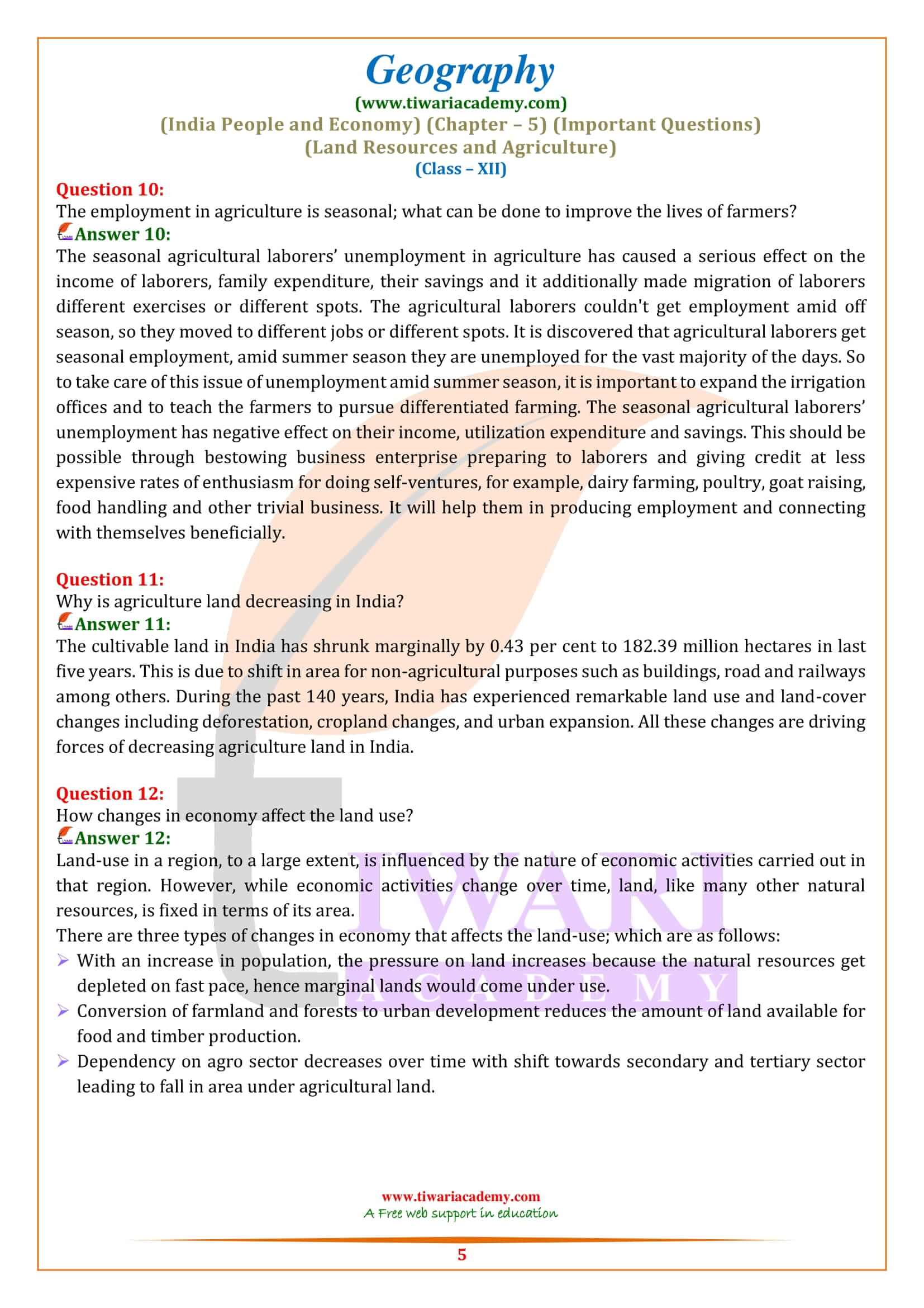 Class 12 Geography Chapter 5 Important Extra Question Answers