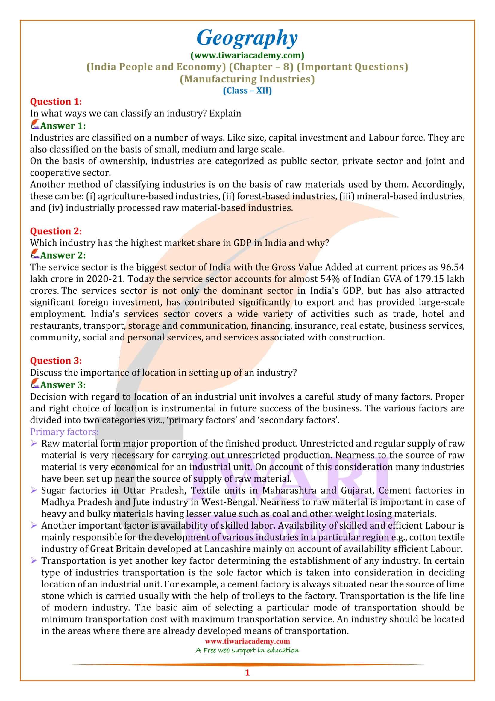 Class 12 Geography Chapter 8 Important Questions