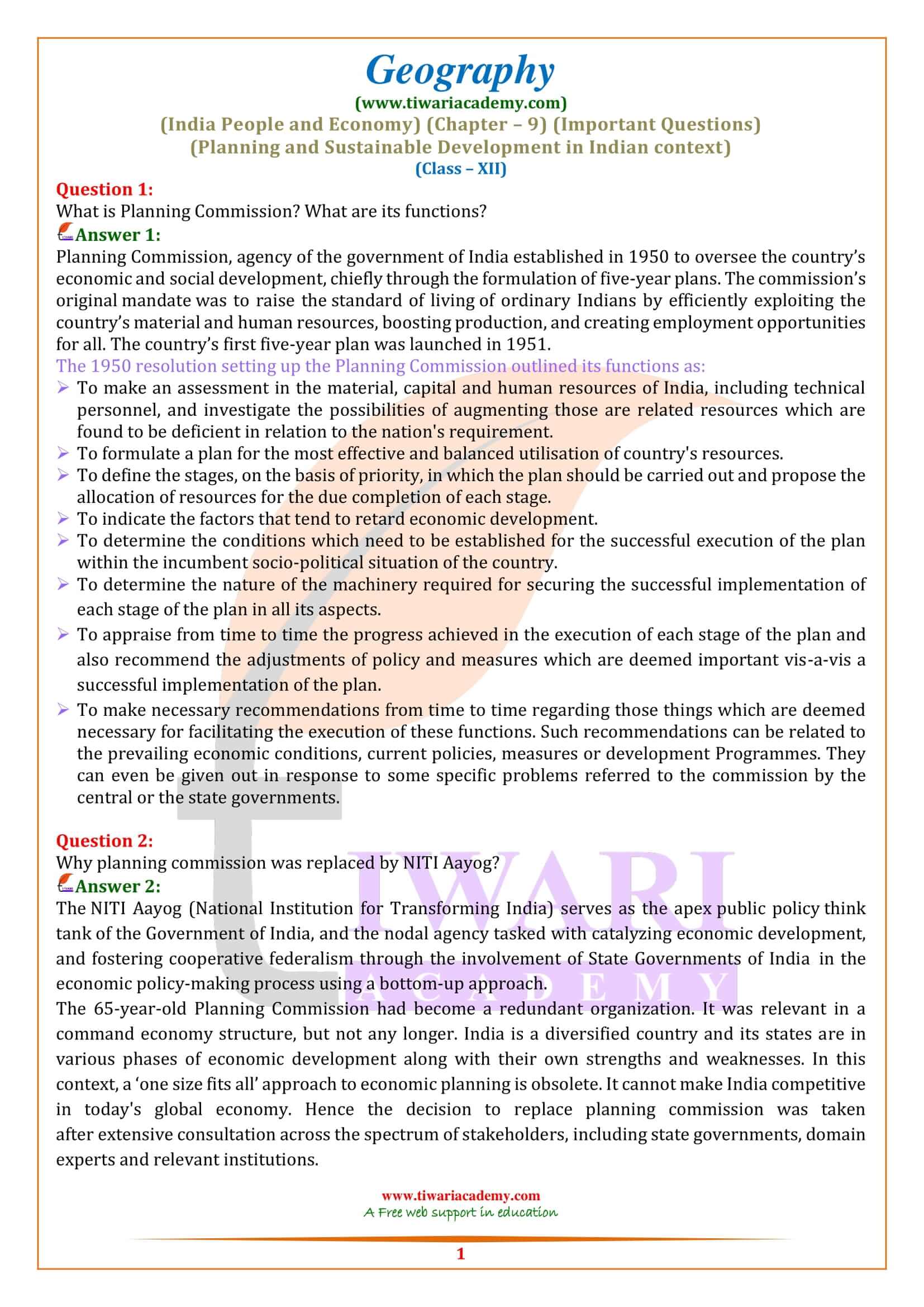 Class 12 Geography Chapter 9 Important Question Answers