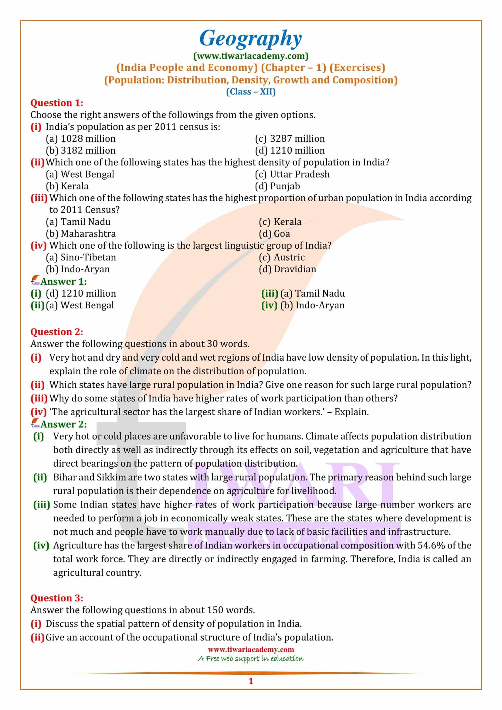 NCERT Solutions for Class 12 Geography Chapter 1 Population