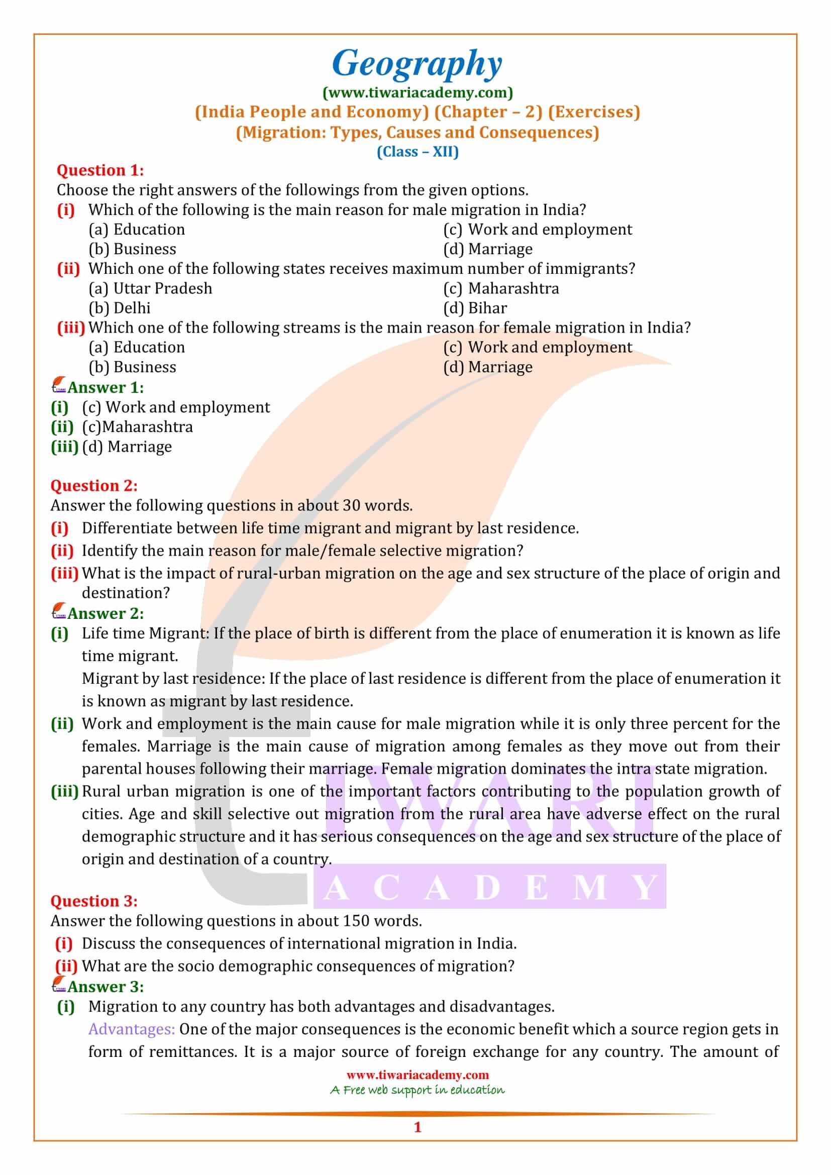NCERT Solutions for Class 12 Geography Chapter 2 Migration