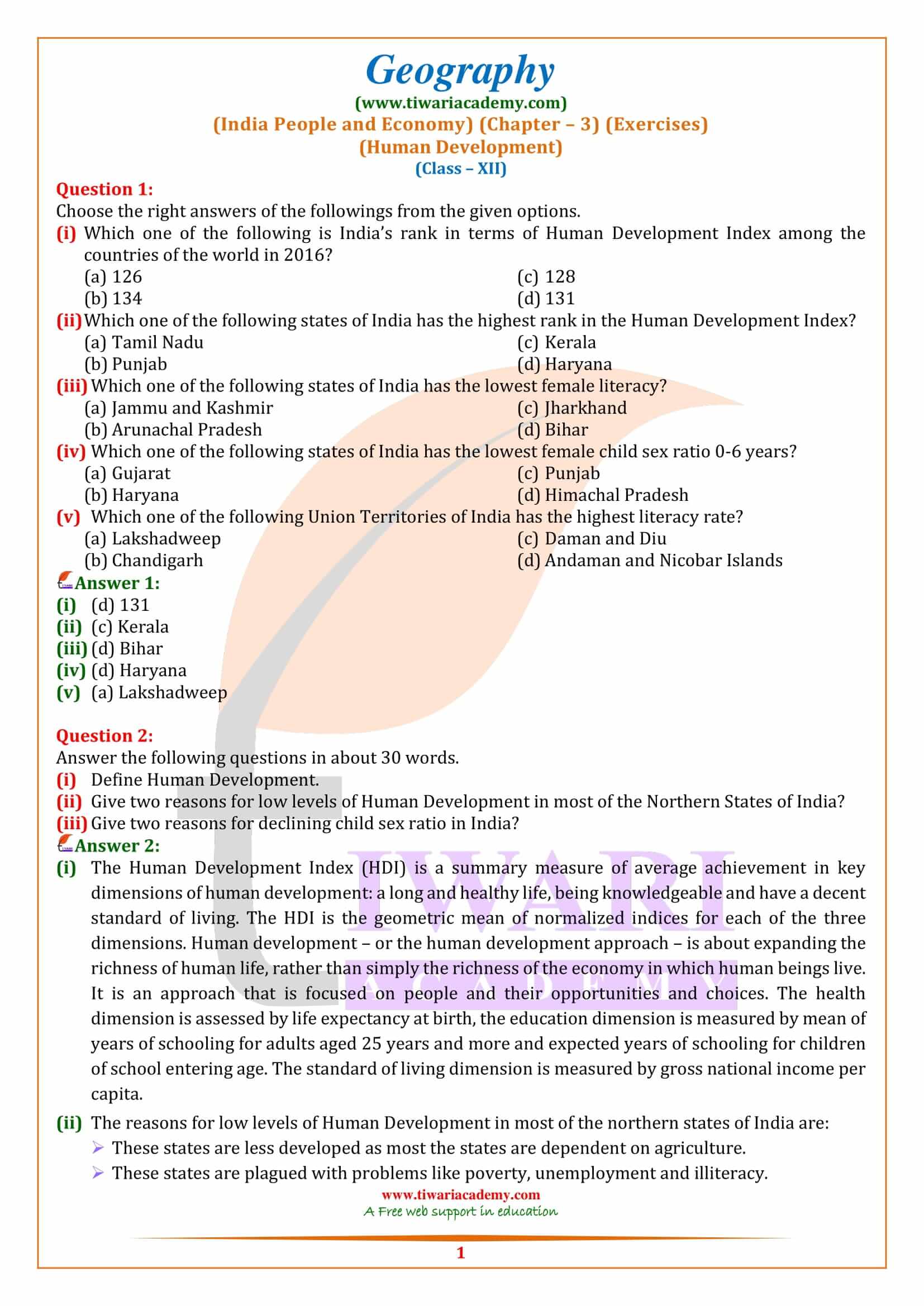 NCERT Solutions for Class 12 Geography Chapter 3