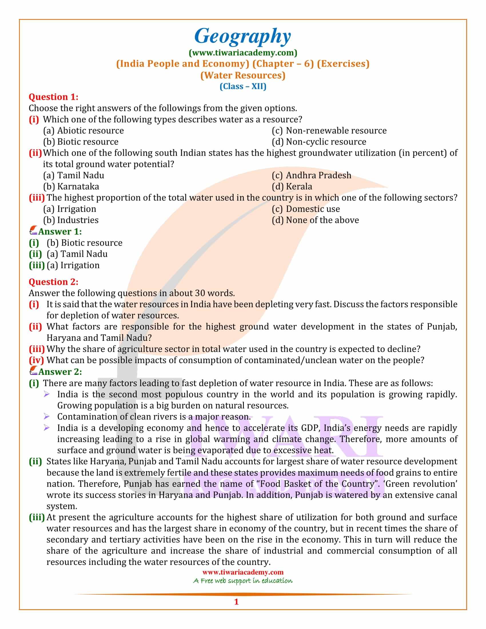 NCERT Solutions for Class 12 Geography Chapter 6 in English Medium