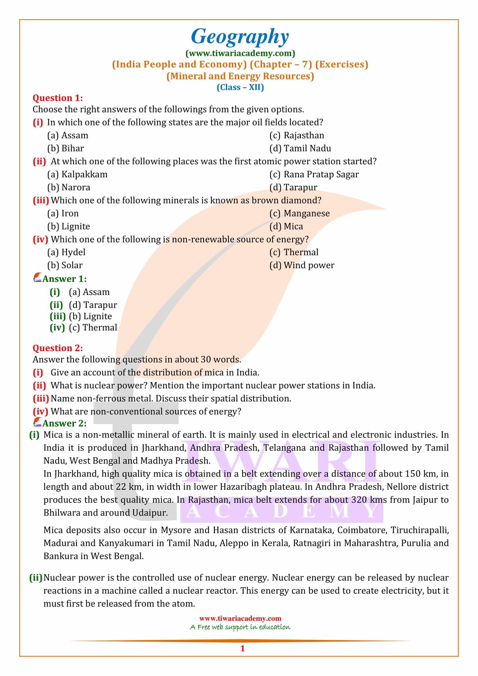 NCERT Solutions for Class 12 Geography Chapter 7