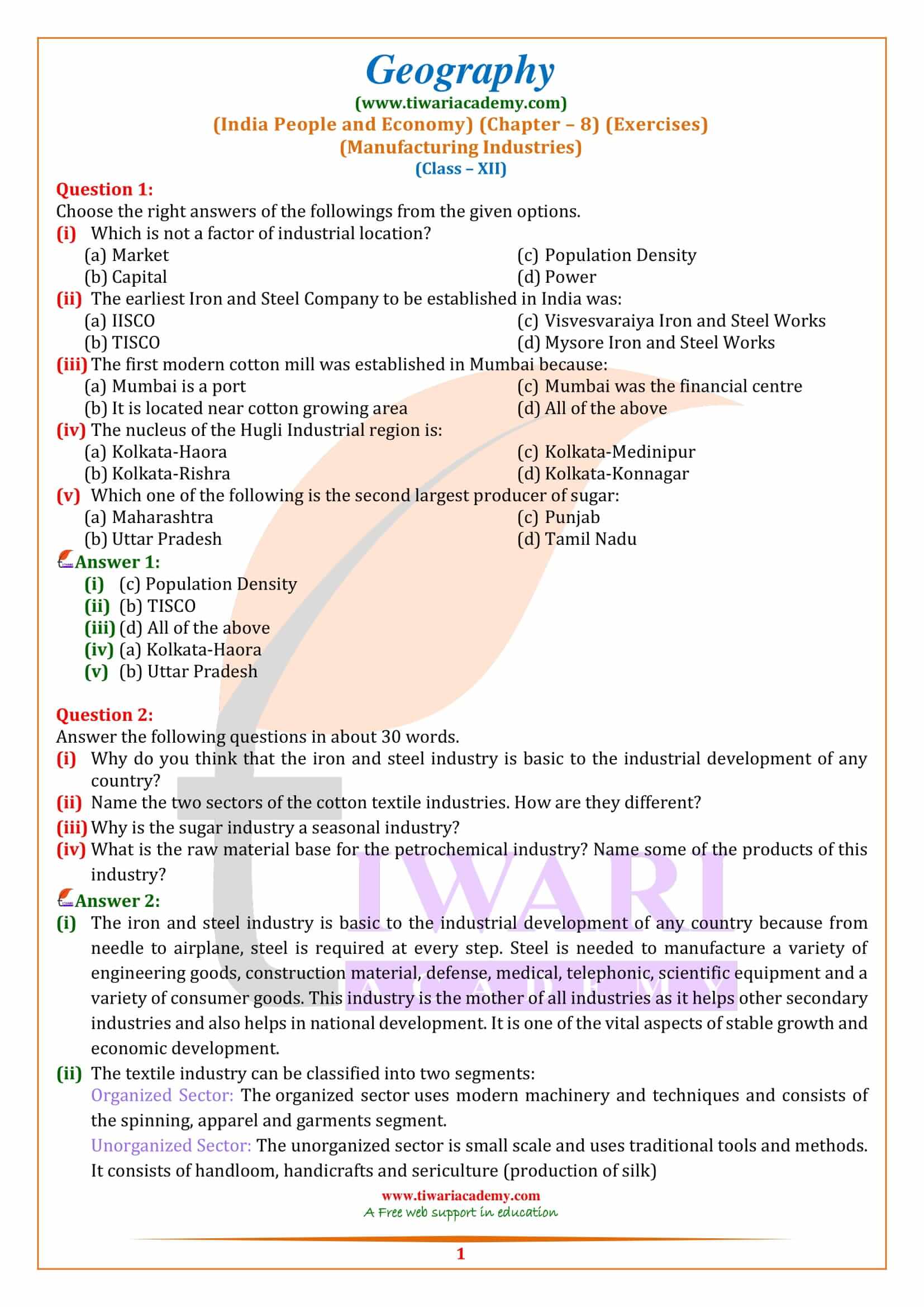 NCERT Solutions for Class 12 Geography Chapter 8