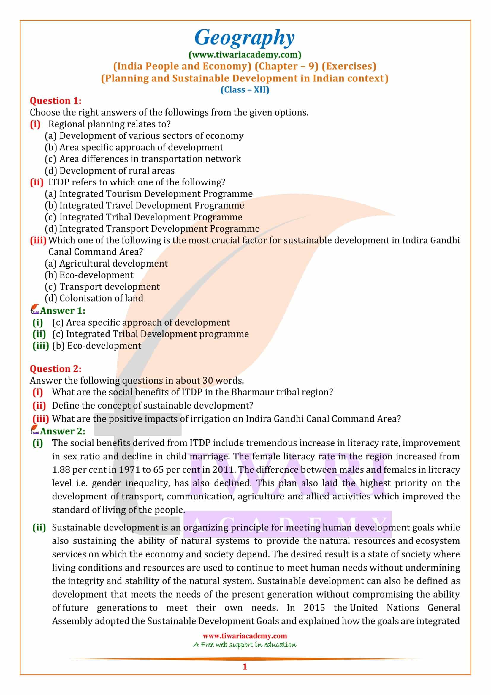 NCERT Solutions for Class 12 Geography Chapter 9