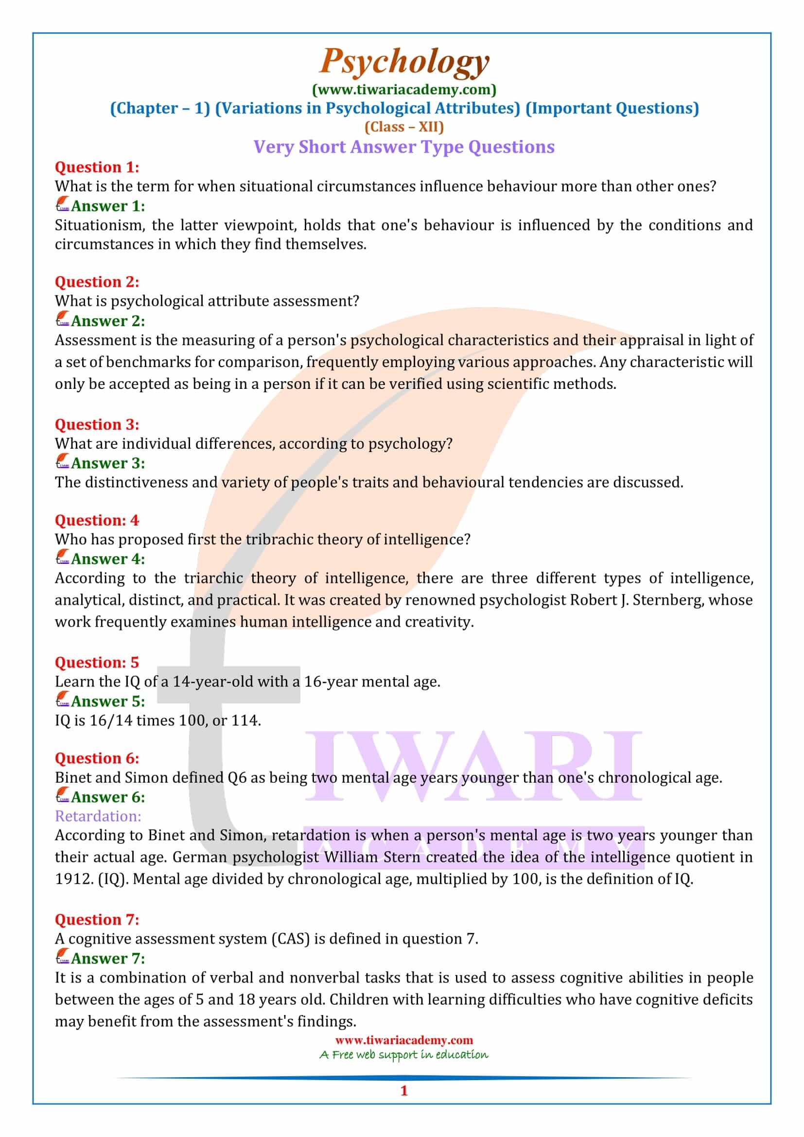 Class 12 Psychology Chapter 1 Important Questions Very short questions
