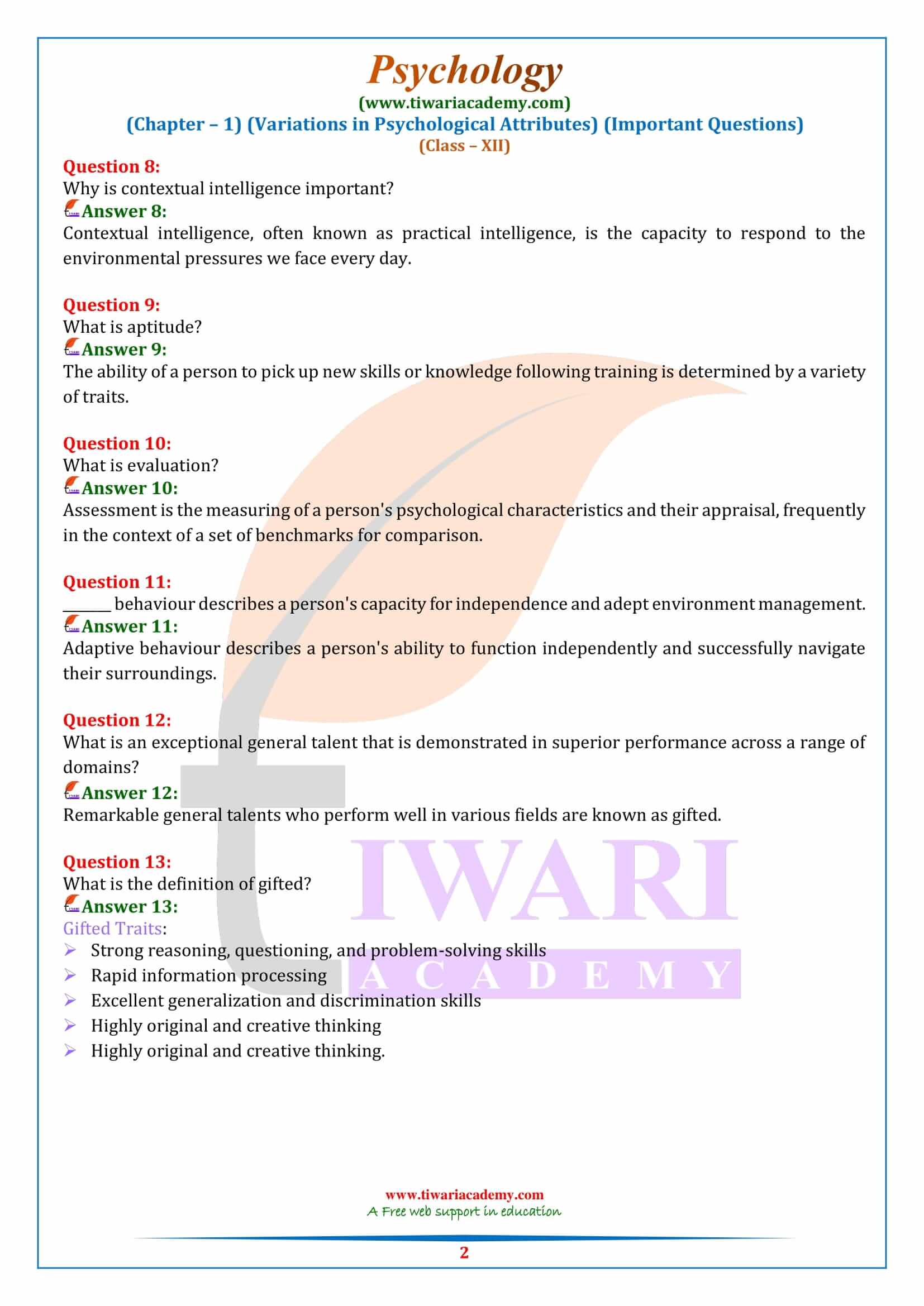 Class 12 Psychology Chapter 1 Important Questions Very short