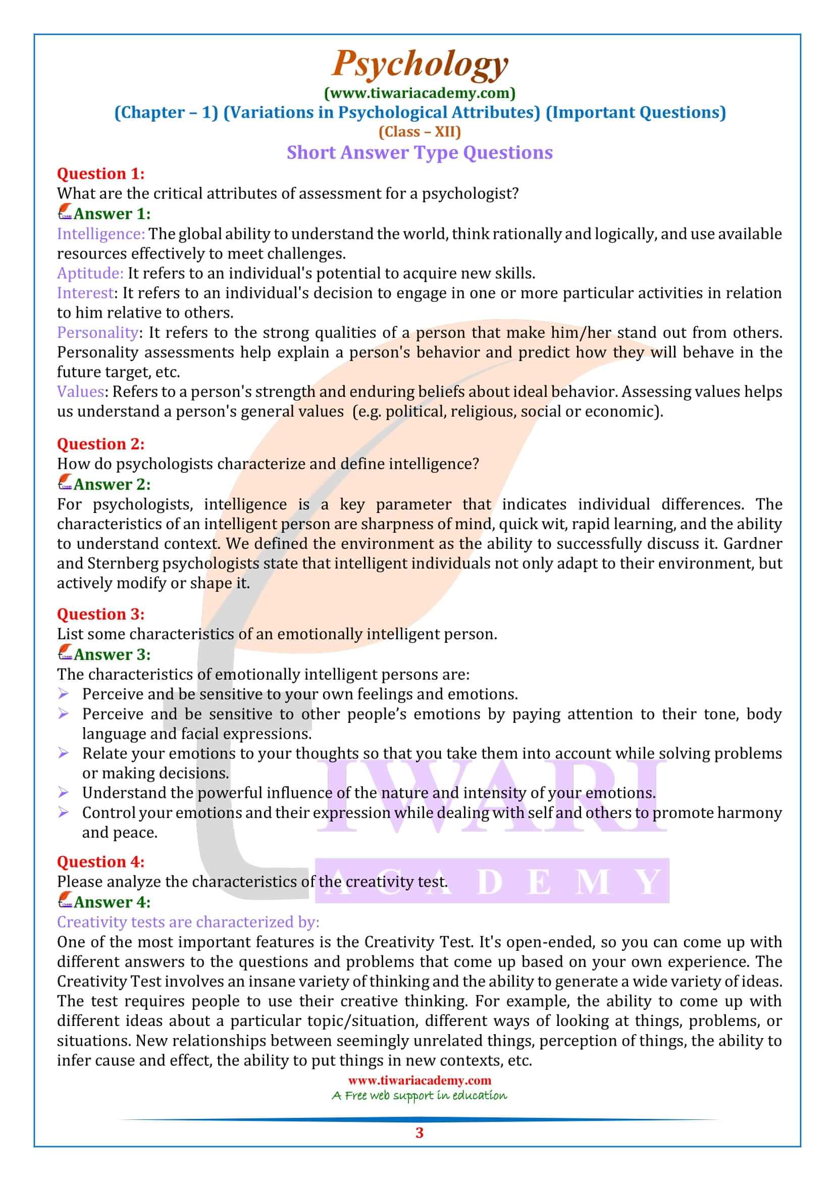 Class 12 Psychology Chapter 1 Important Questions Short questions Answers