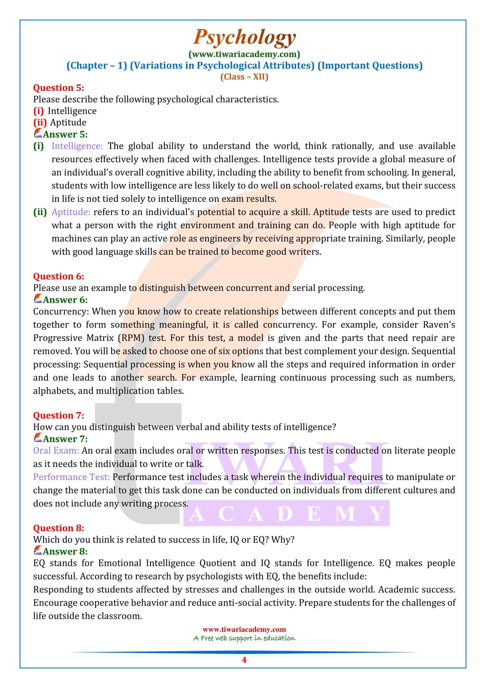 Class 12 Psychology Chapter 1 Important Questions Answers
