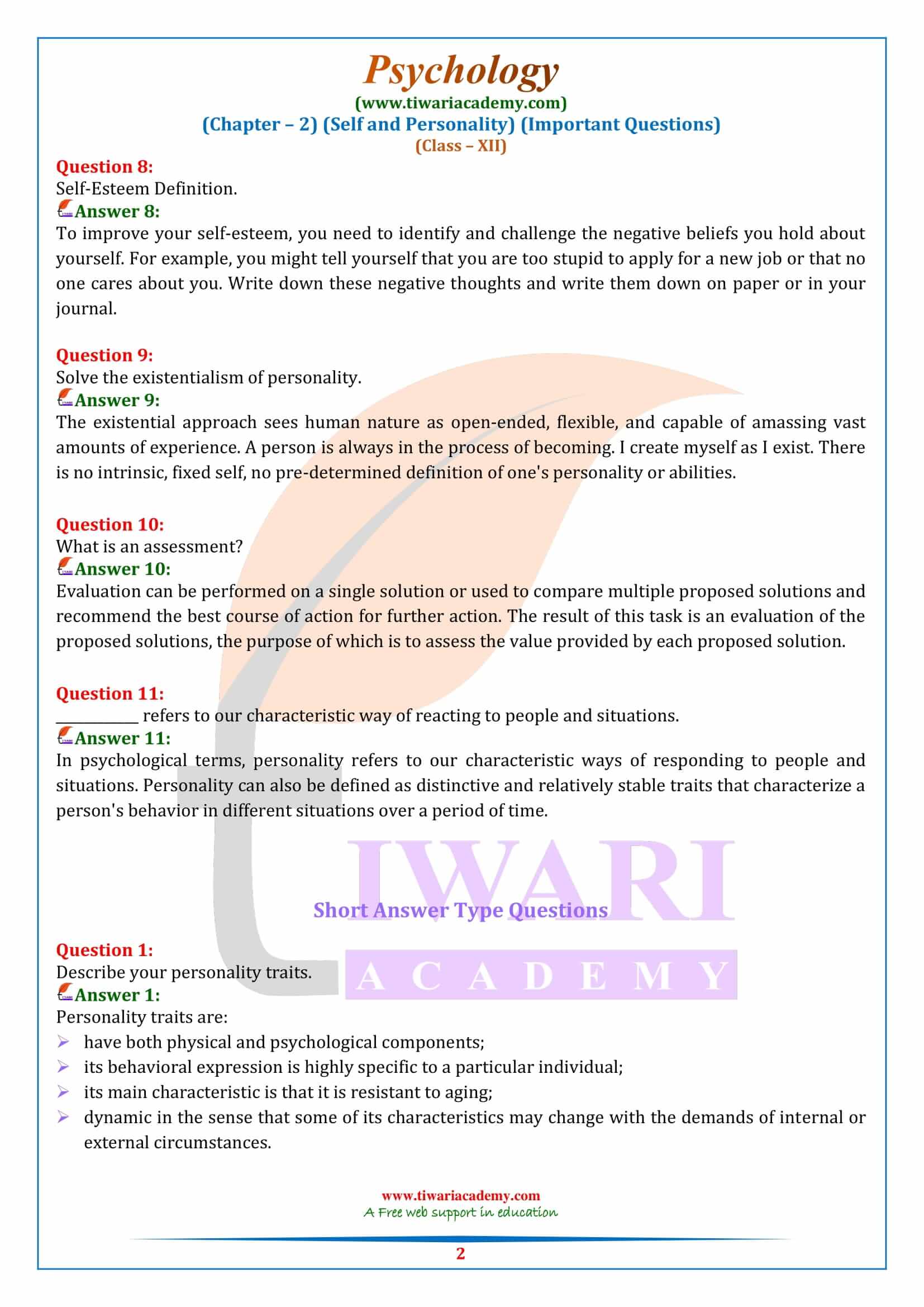 Class 12 Psychology Chapter 2 Important Questions Answers