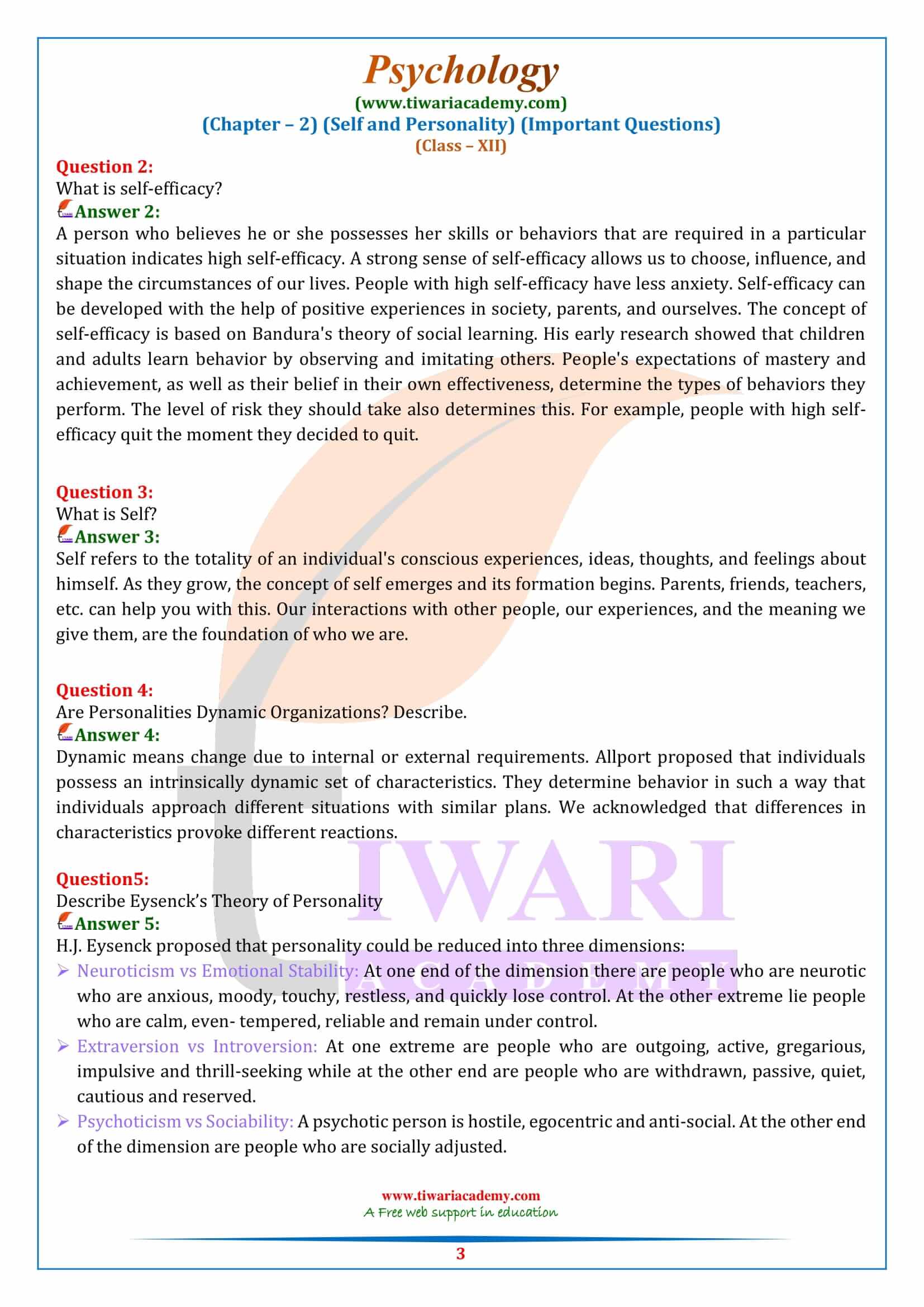 Class 12 Psychology Chapter 2 Very short answer type Questions