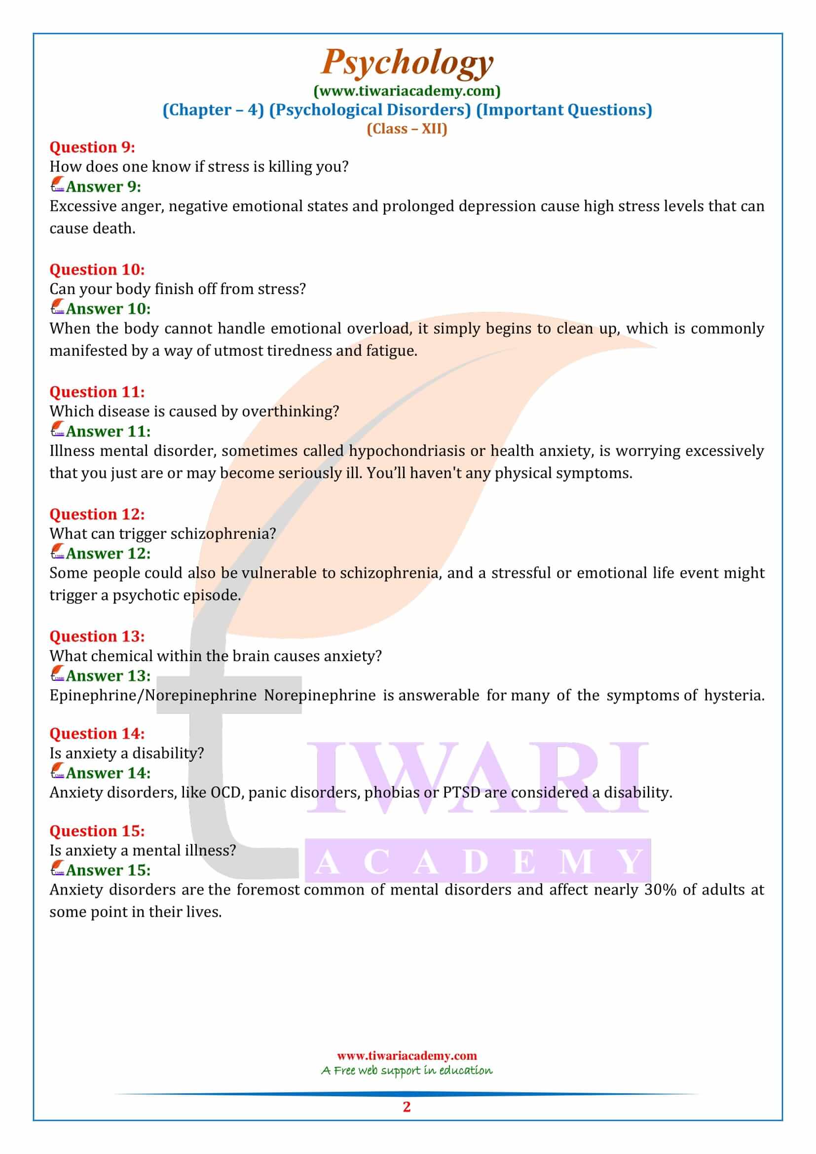 Class 12 Psychology Chapter 4 Important Questions Answers