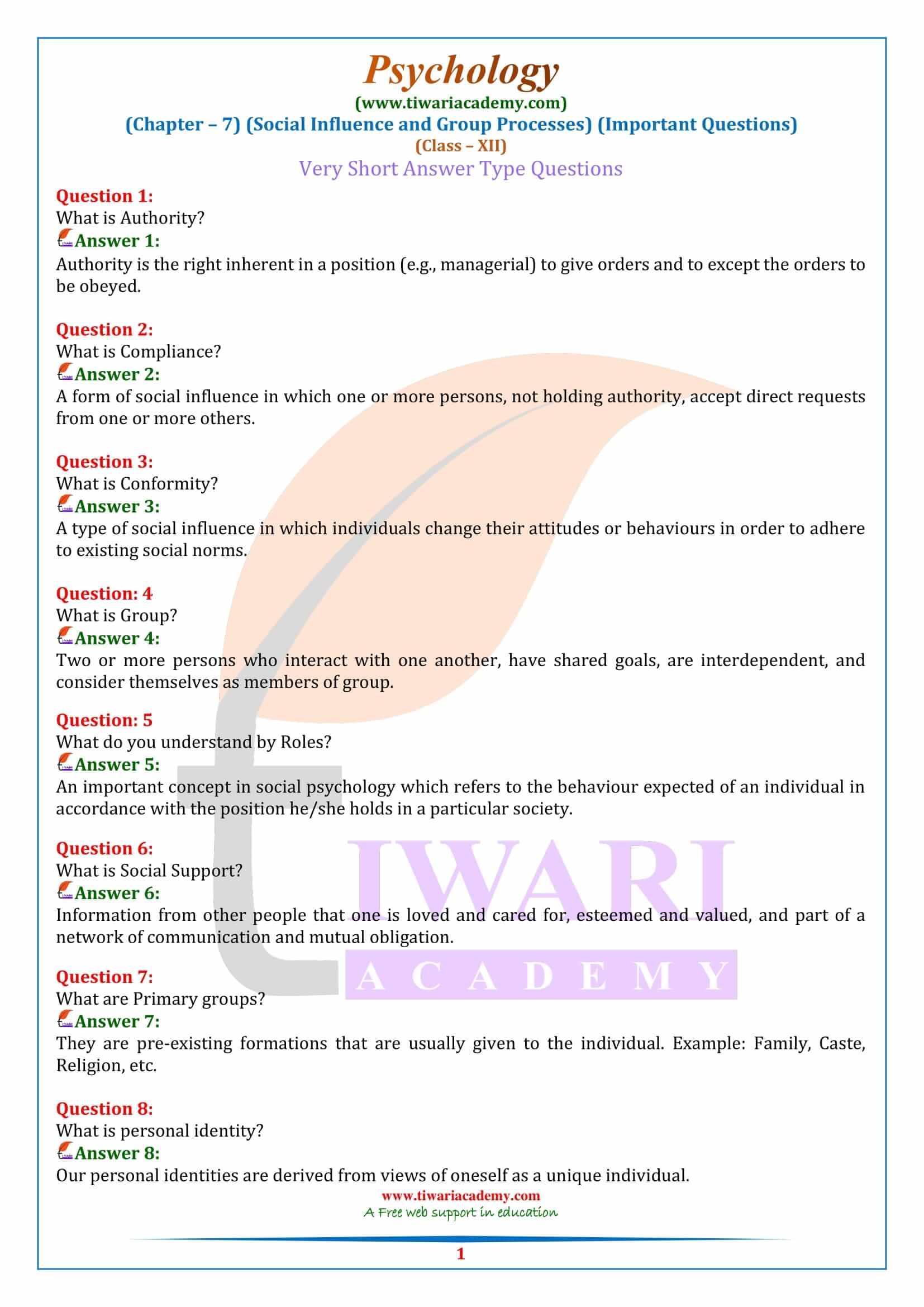 Class 12 Psychology Chapter 7 Important Questions