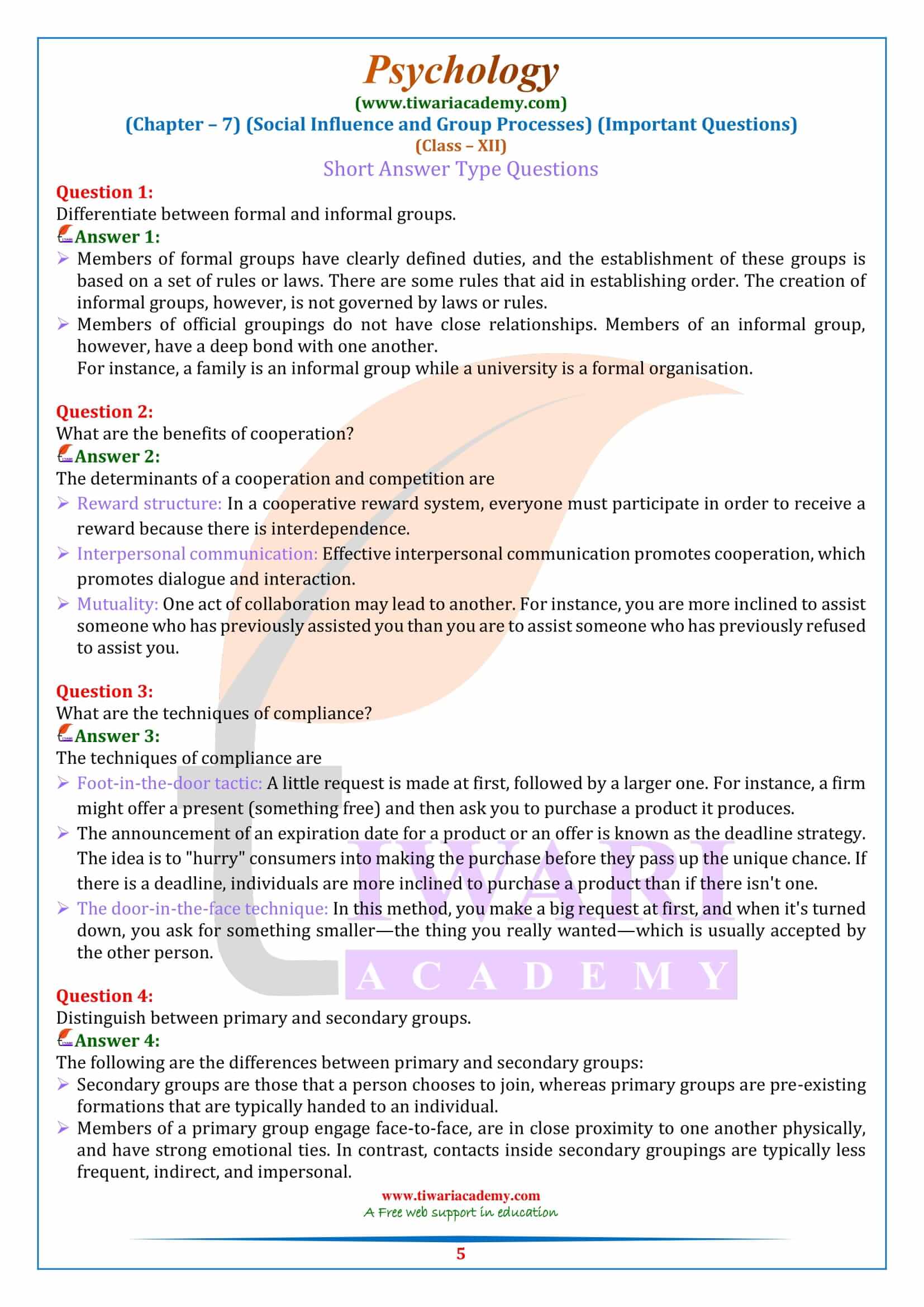 Class 12 Psychology Chapter 7 Board Questions