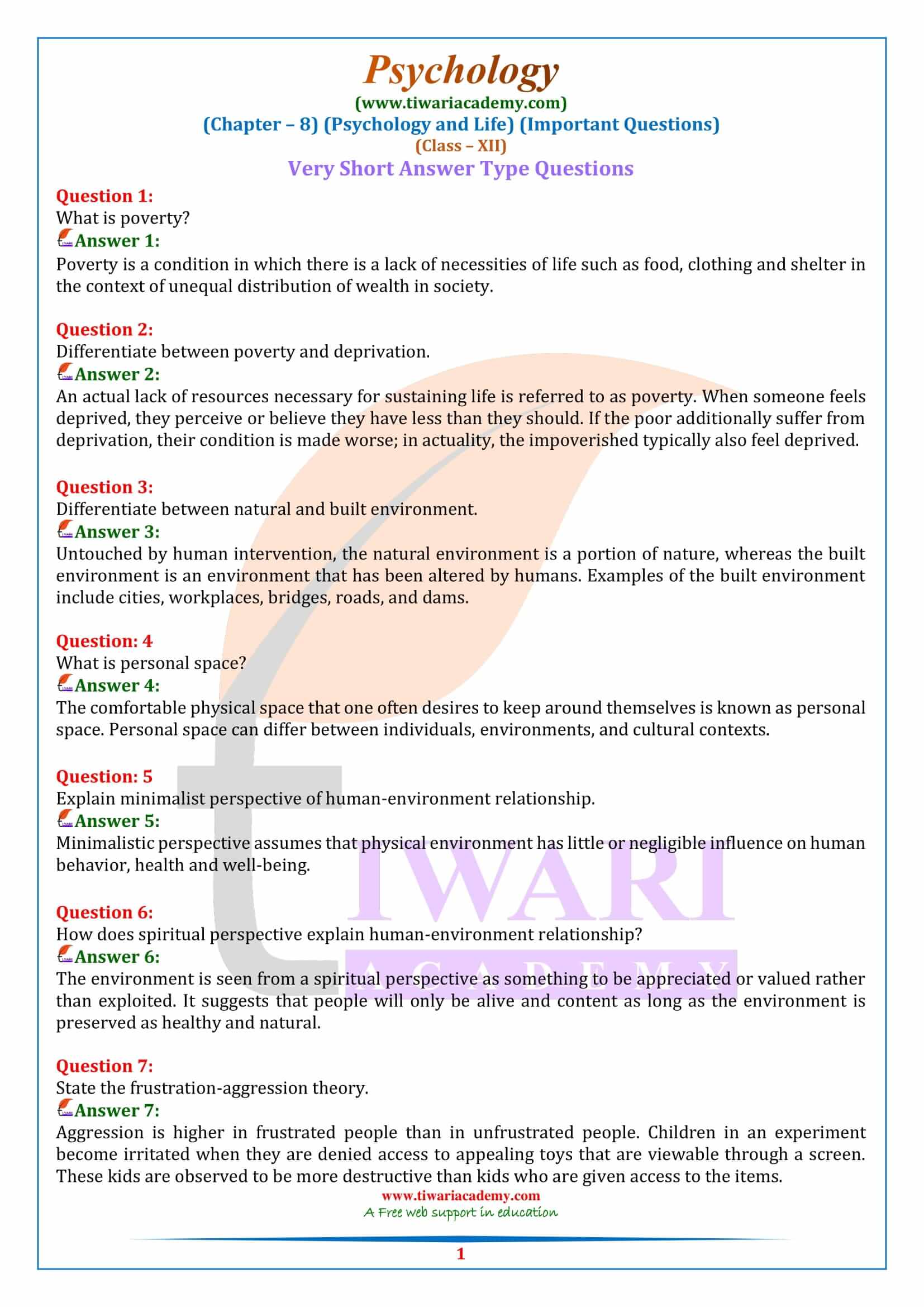 Class 12 Psychology Chapter 8 Important Questions