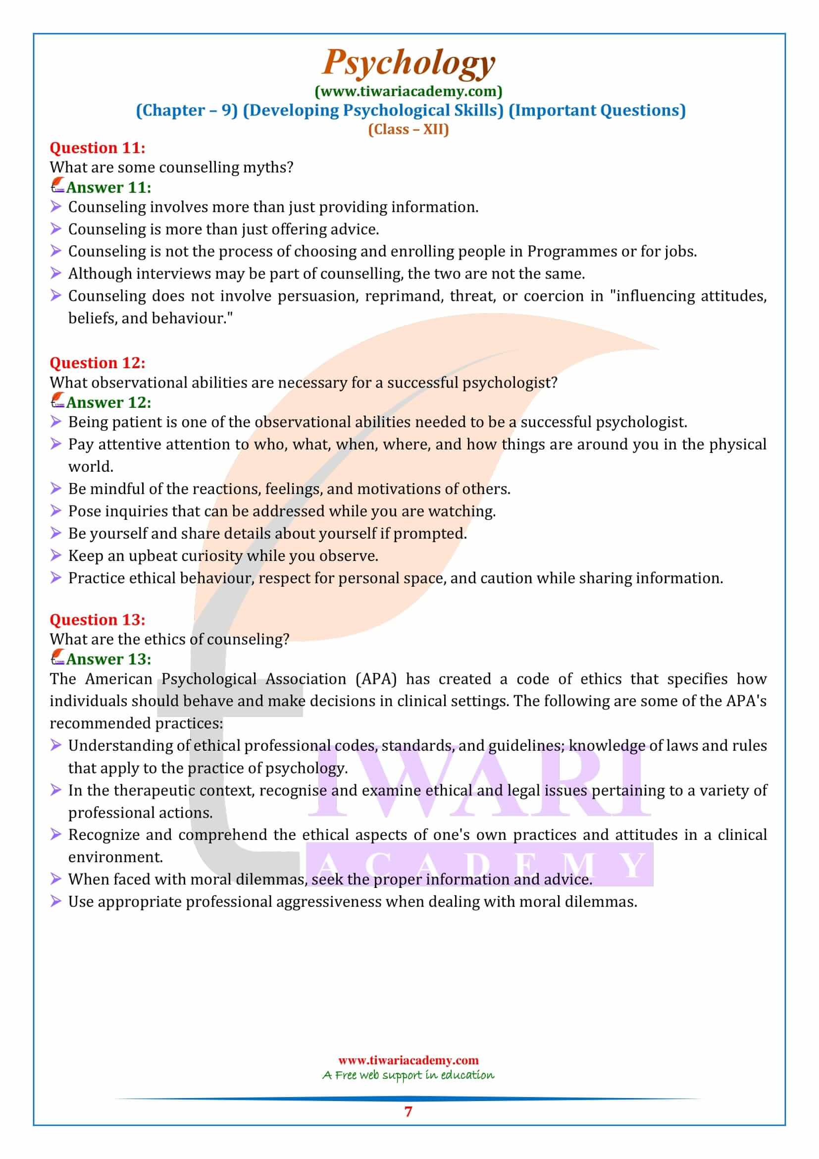 Class 12 Psychology Chapter 9 Important answers