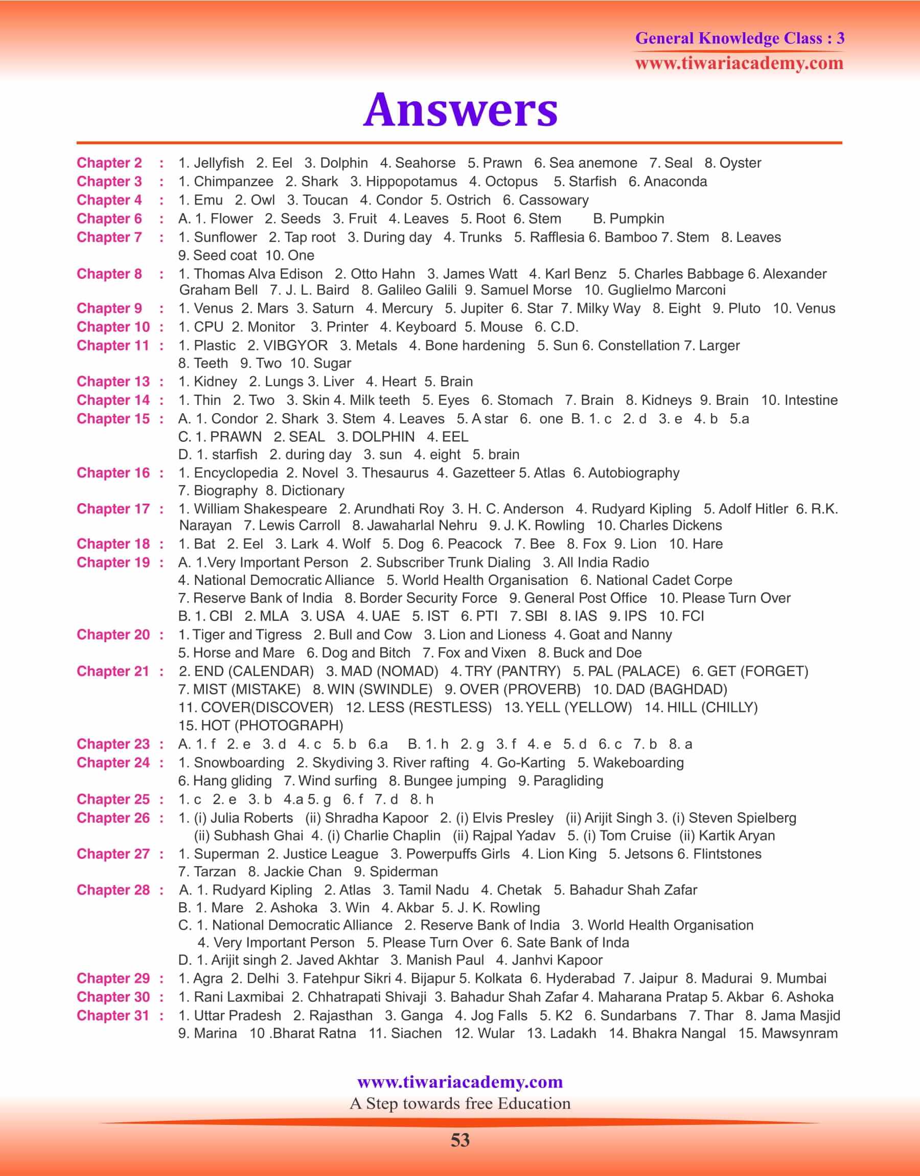 Class 3 GK Answers Set 1