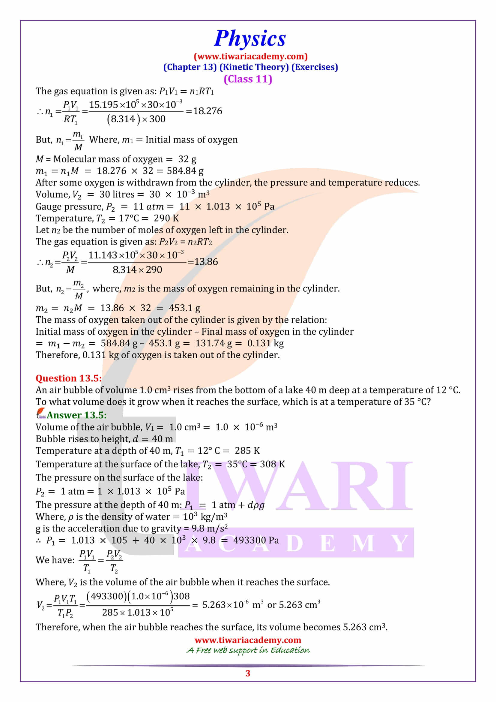 NCERT Solutions for Class 11 Physics Chapter 13 Exercises Answers