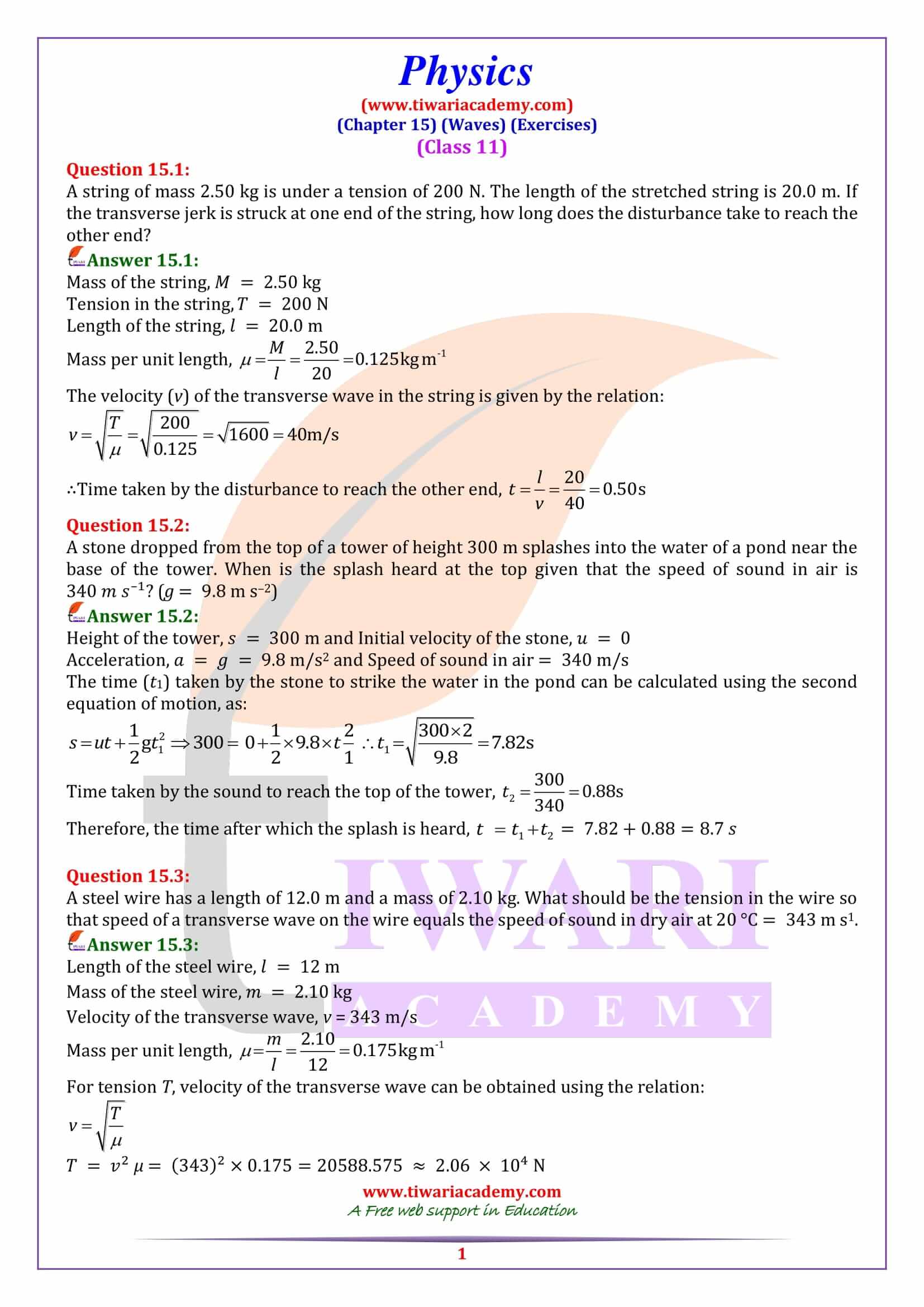 NCERT Solutions for Class 11 Physics Chapter 15 Exercises