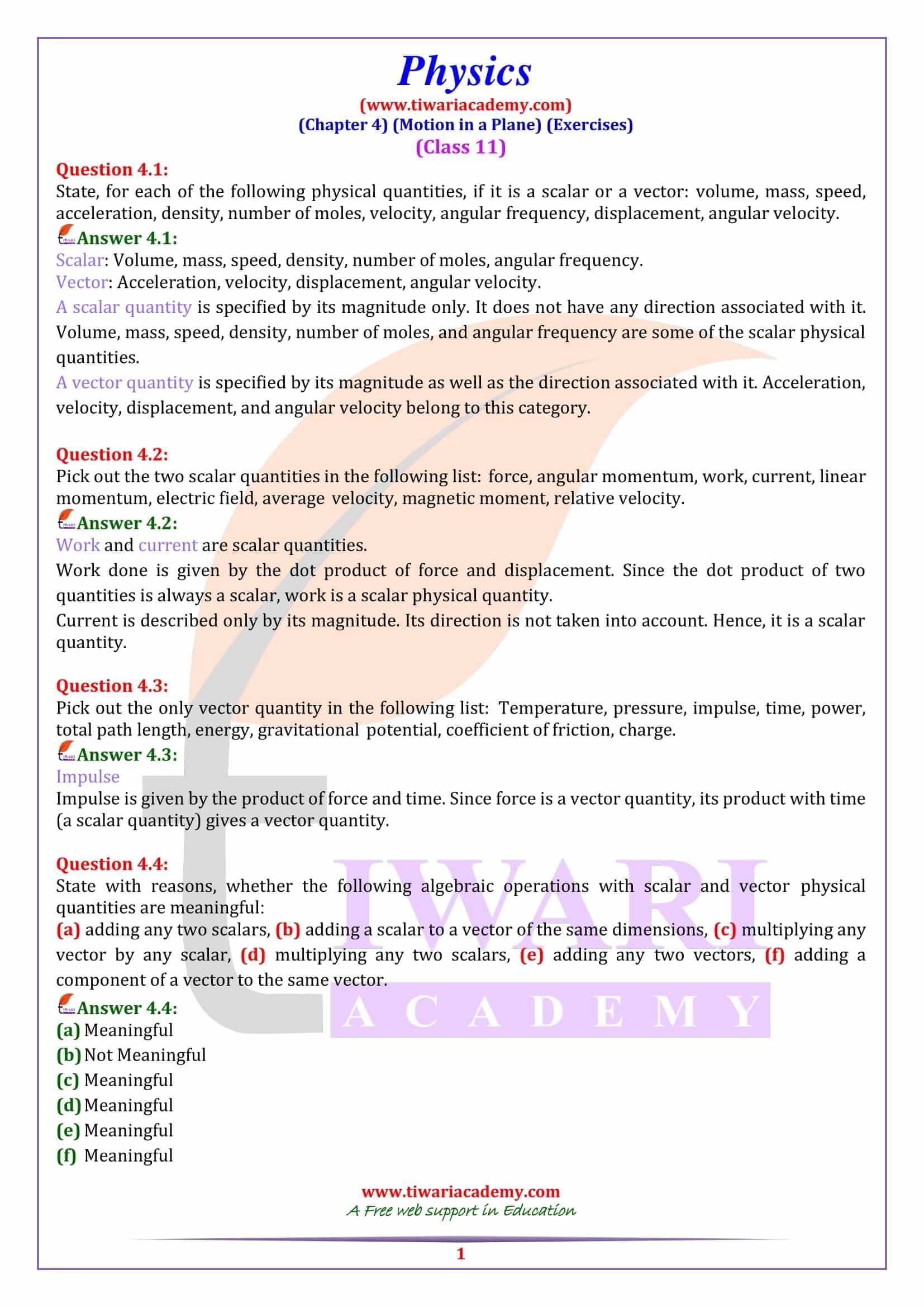 NCERT Solutions for Class 11 Physics Chapter 4 Exercises
