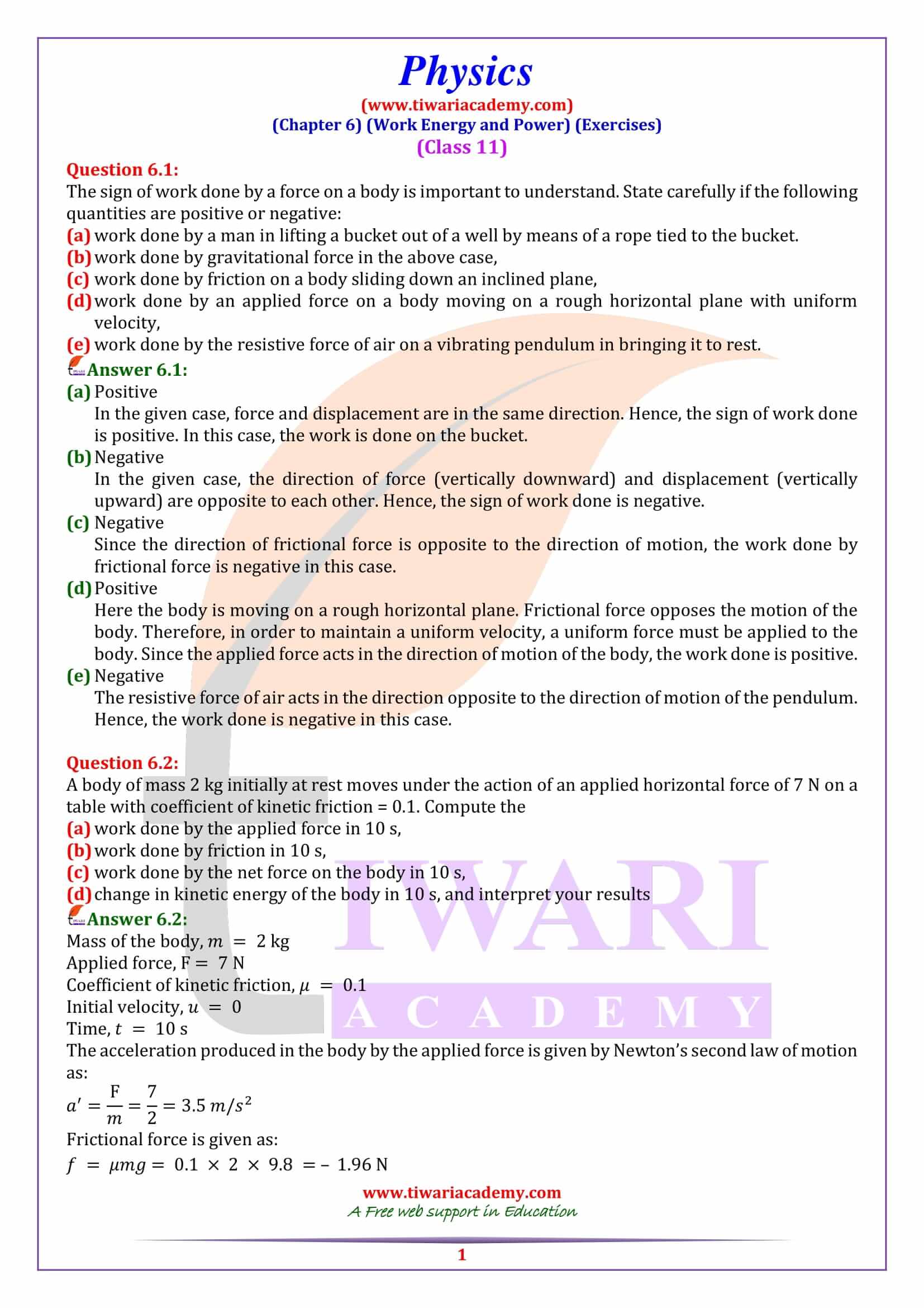 NCERT Solutions for Class 11 Physics Chapter 6 exercises