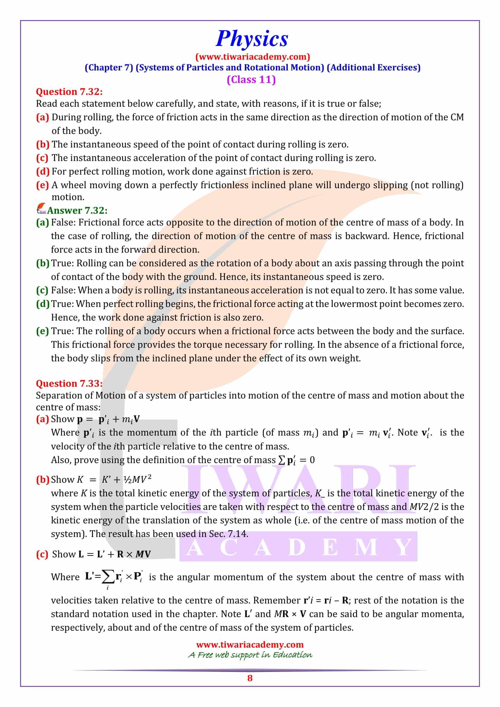NCERT Solutions for Class 11 Physics Chapter 7 extra Question answers