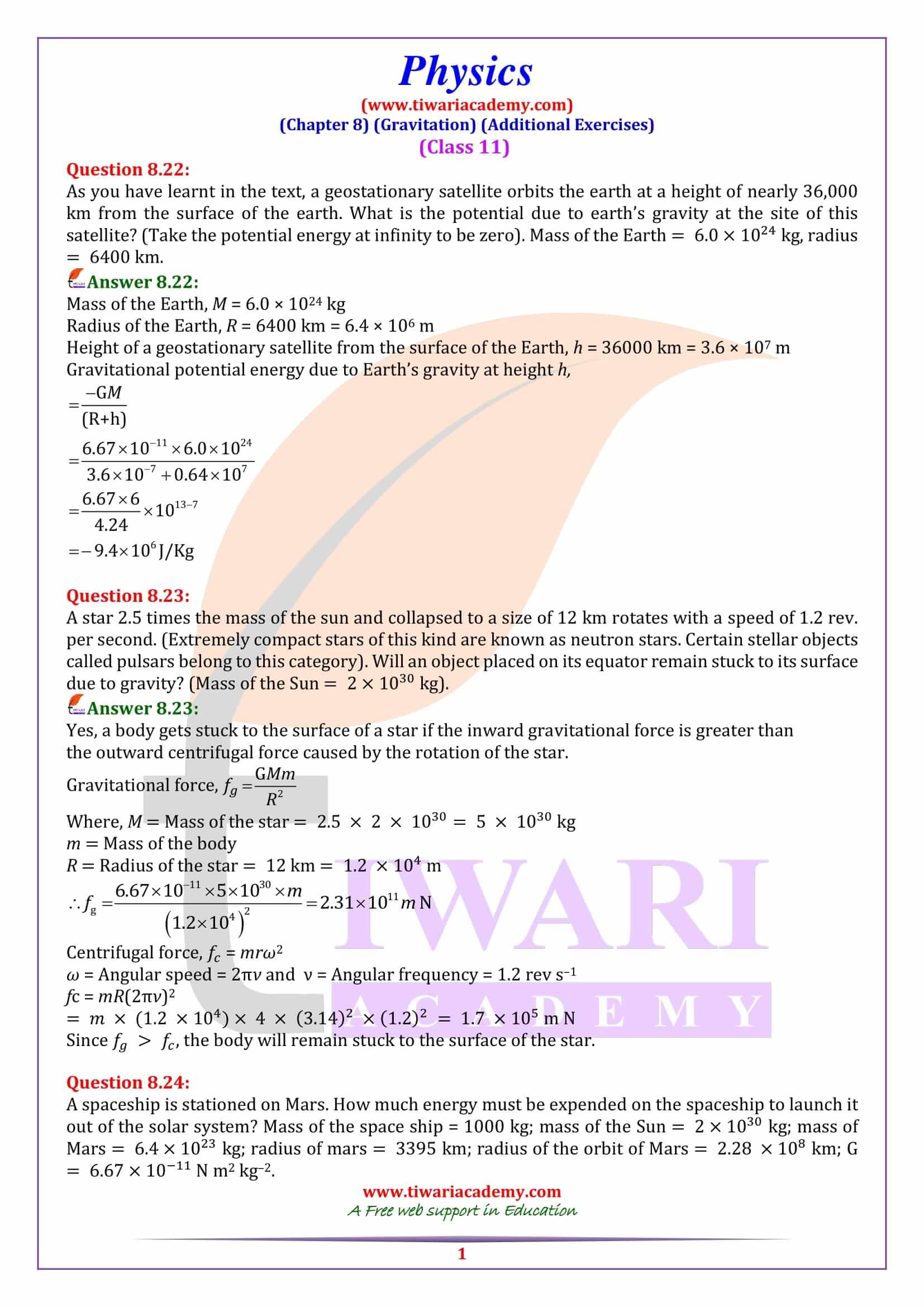 NCERT Solutions for Class 11 Physics Chapter 8 Gravitation Additional Exercises