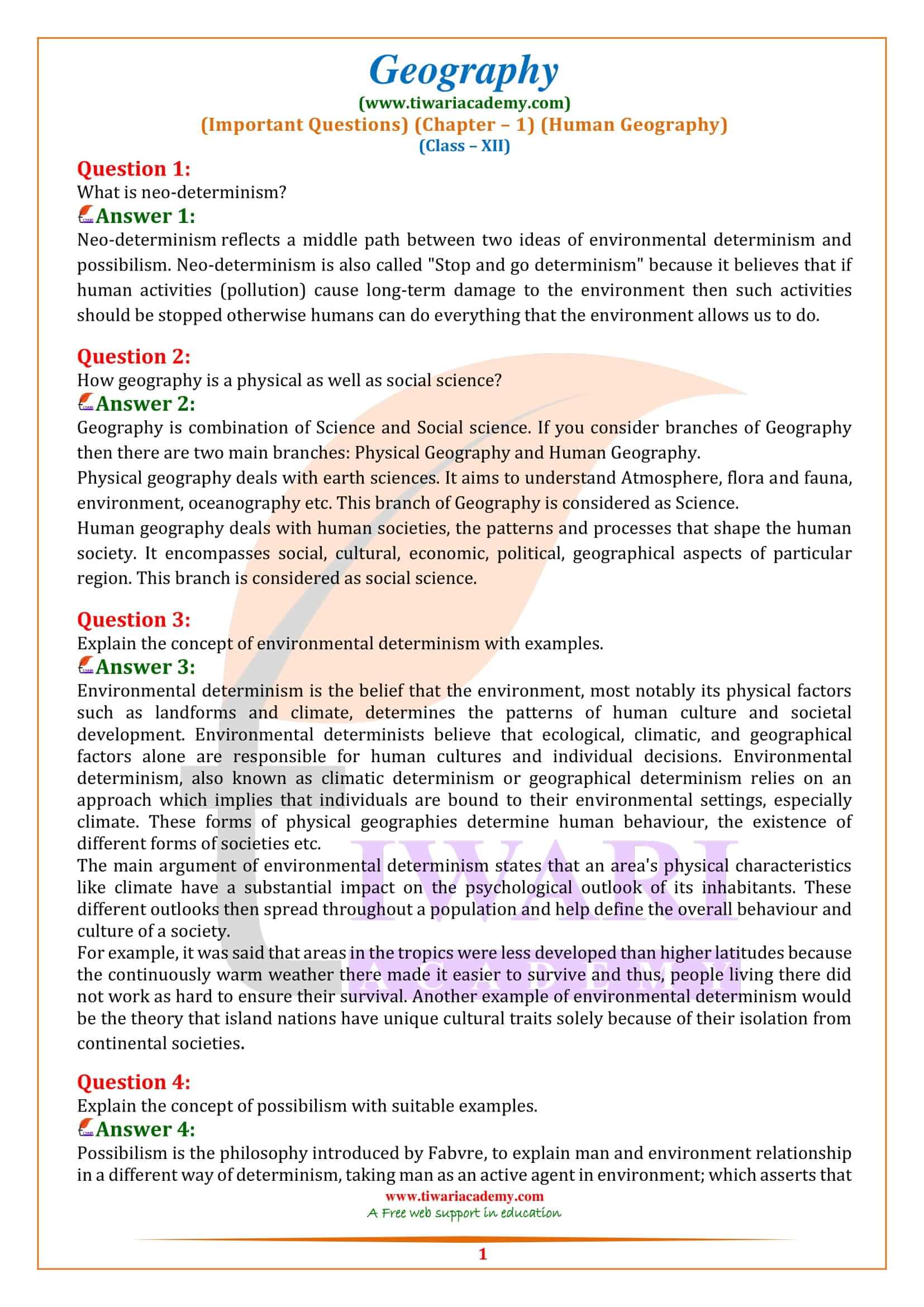 Class 12 Geography Chapter 1 Important Questions