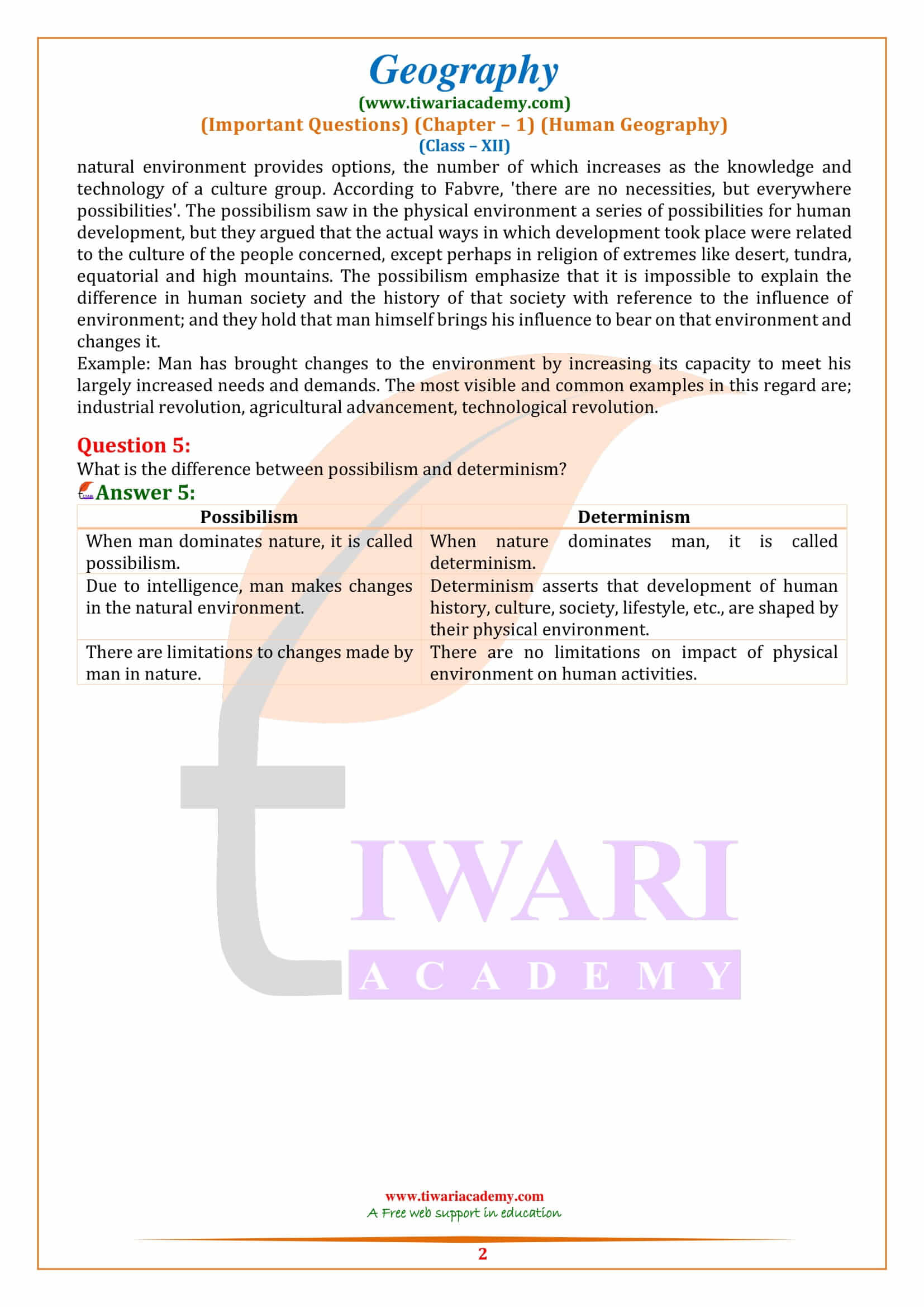 Class 12 Geography Chapter 1 Important Questions of Human Geography