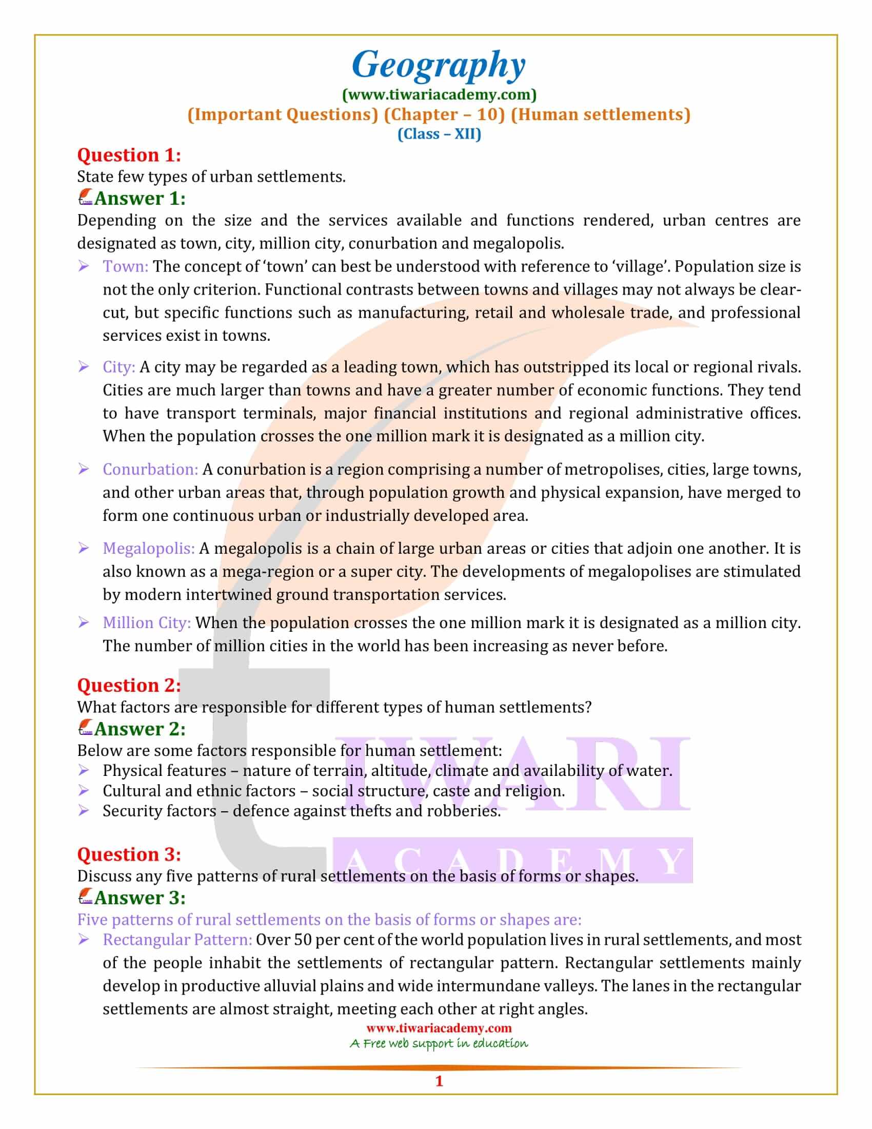 Class 12 Geography Chapter 10 Extra Questions