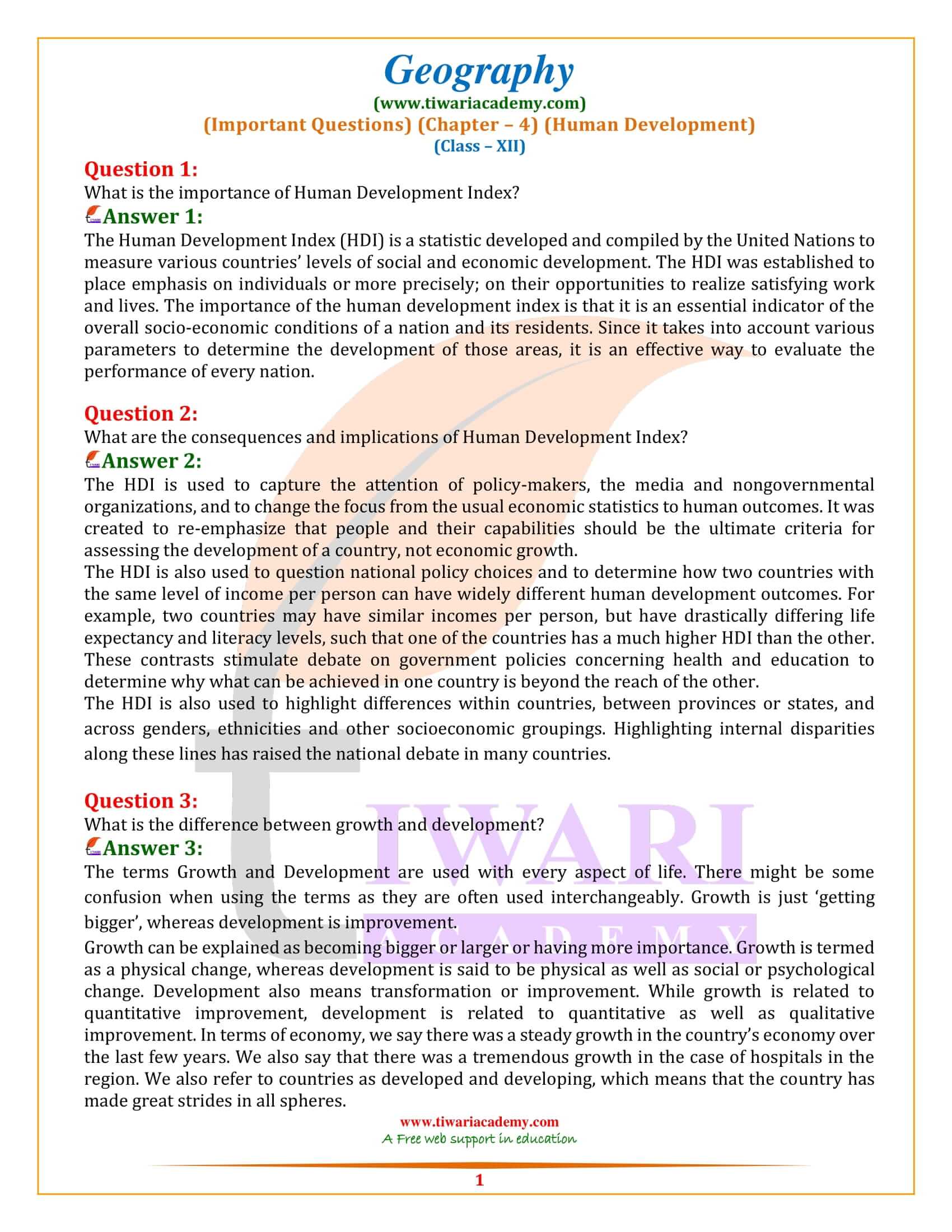 Class 12 Geography Chapter 4 Important Questions