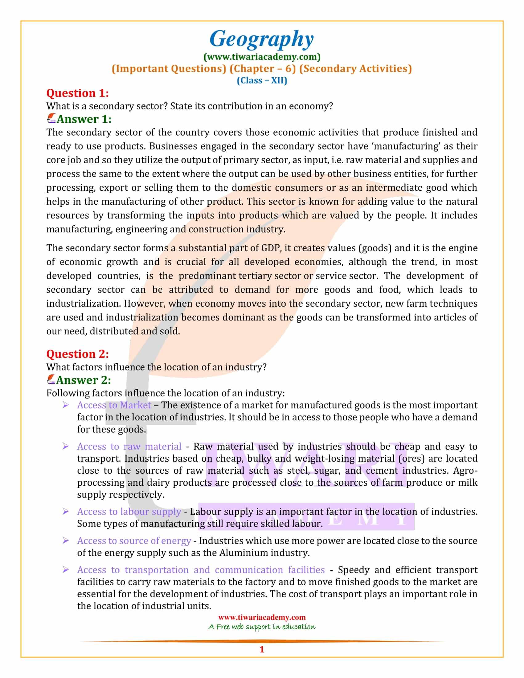 Class 12 Geography Chapter 6 Extra Questions