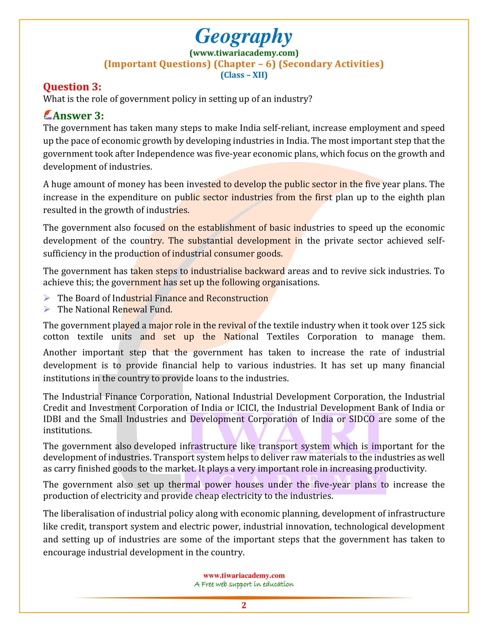 Class 12 Geography Chapter 6 Practice Questions