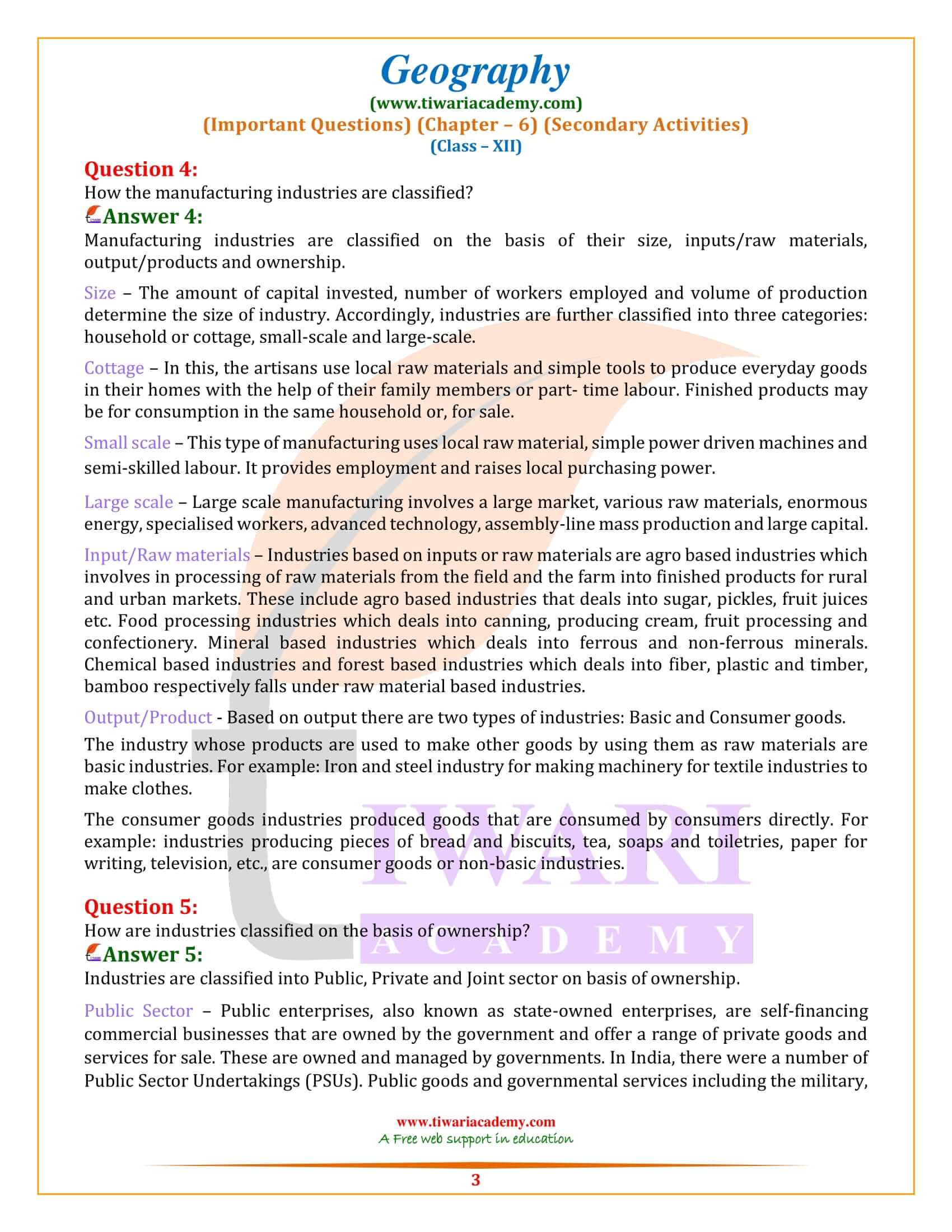 Class 12 Geography Chapter 6 Important Questions Answers