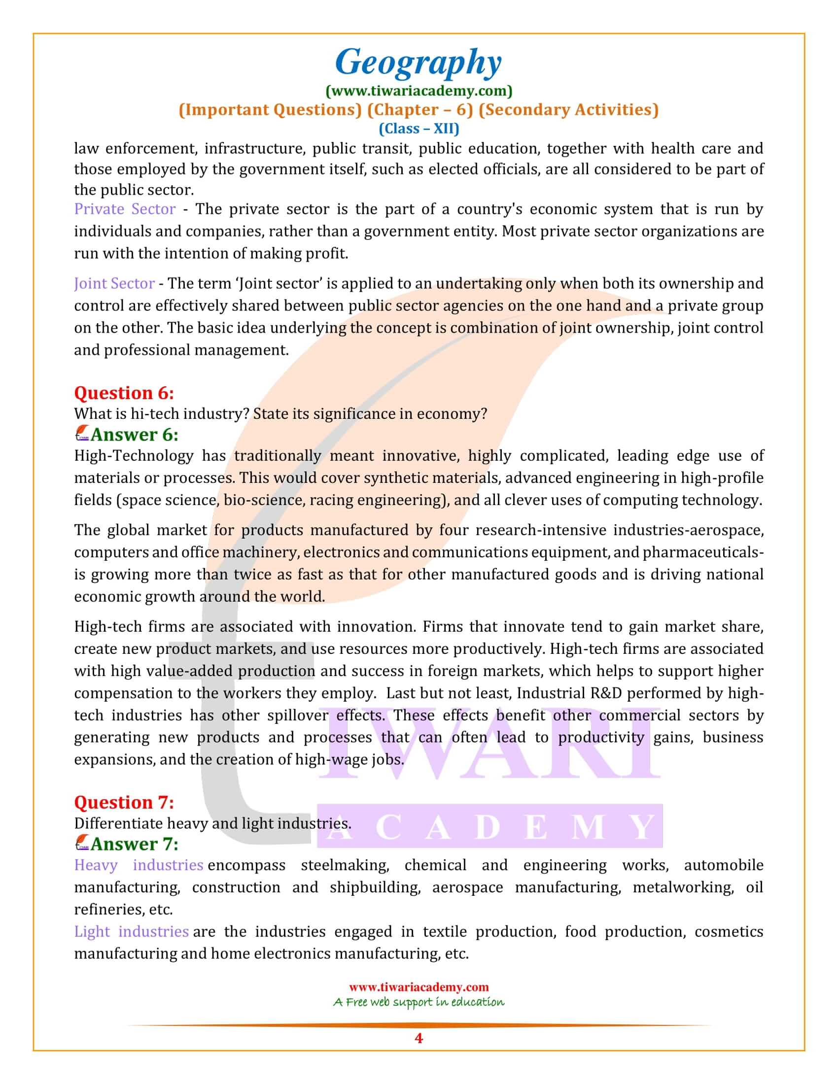 Class 12 Geography Chapter 6 Extra Questions Answers