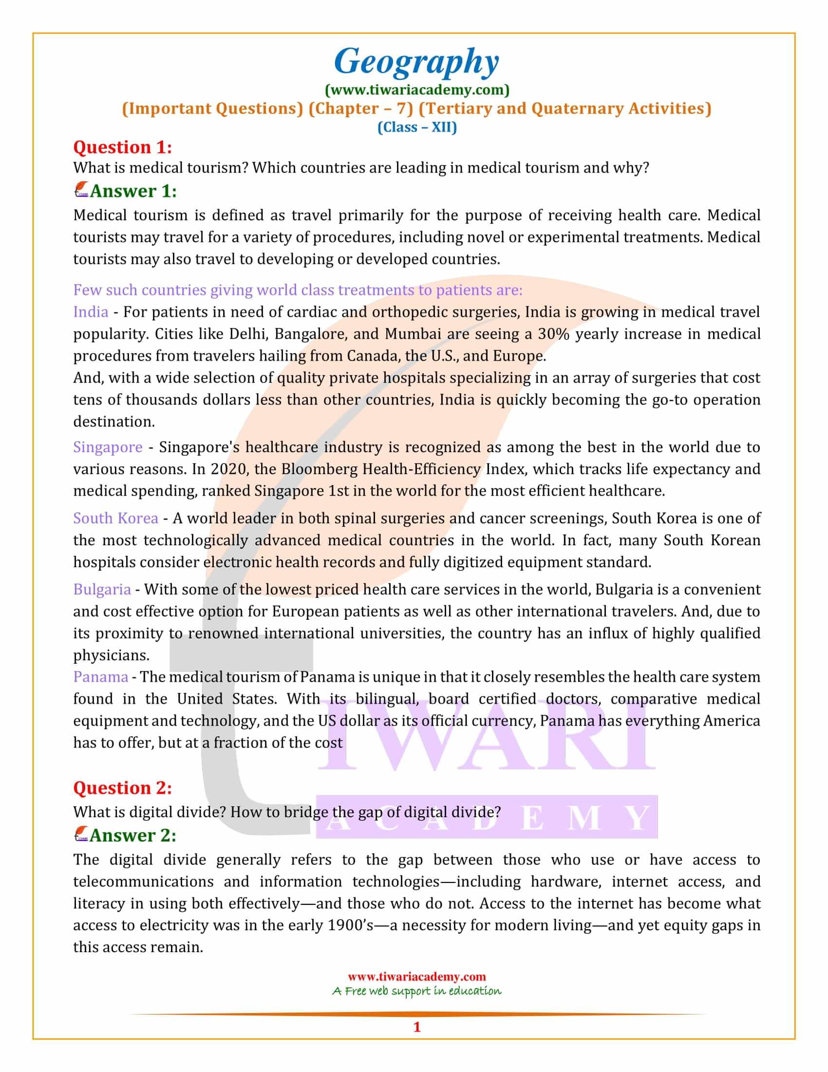 Class 12 Geography Chapter 7 Important Questions Answers