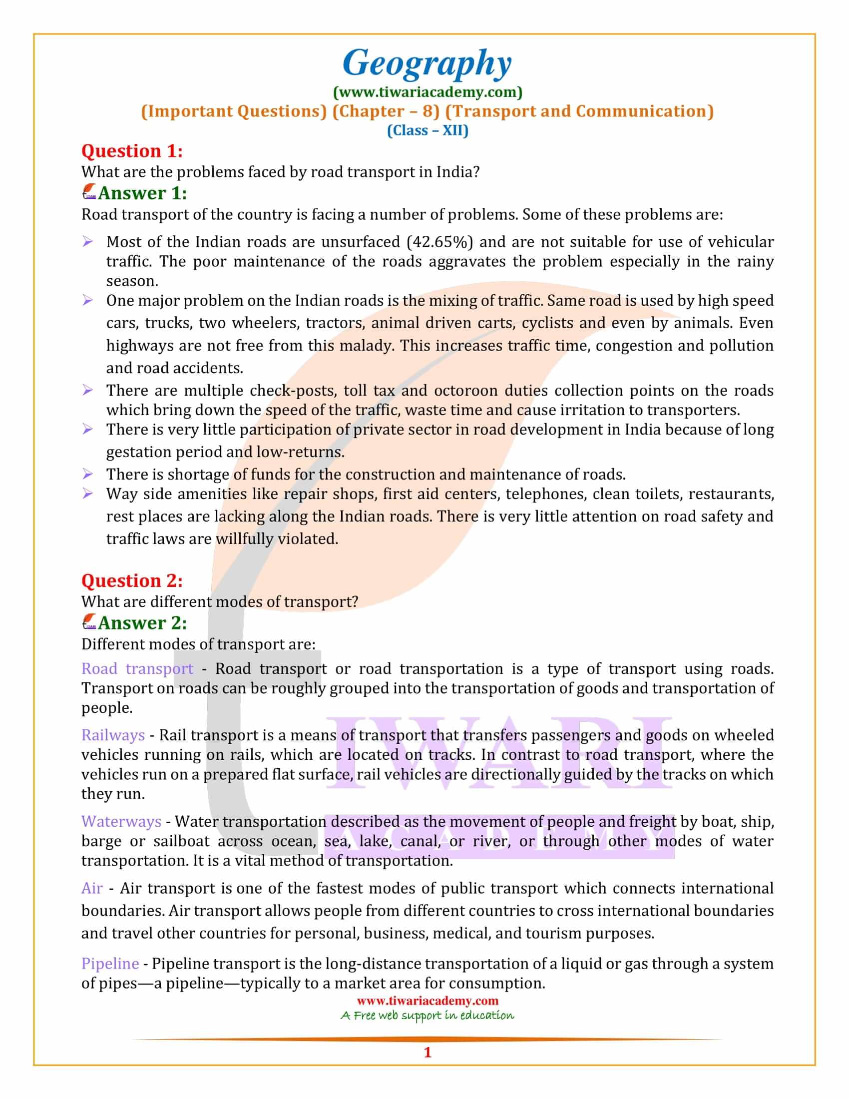 Class 12 Geography Chapter 8 Important Questions Answers