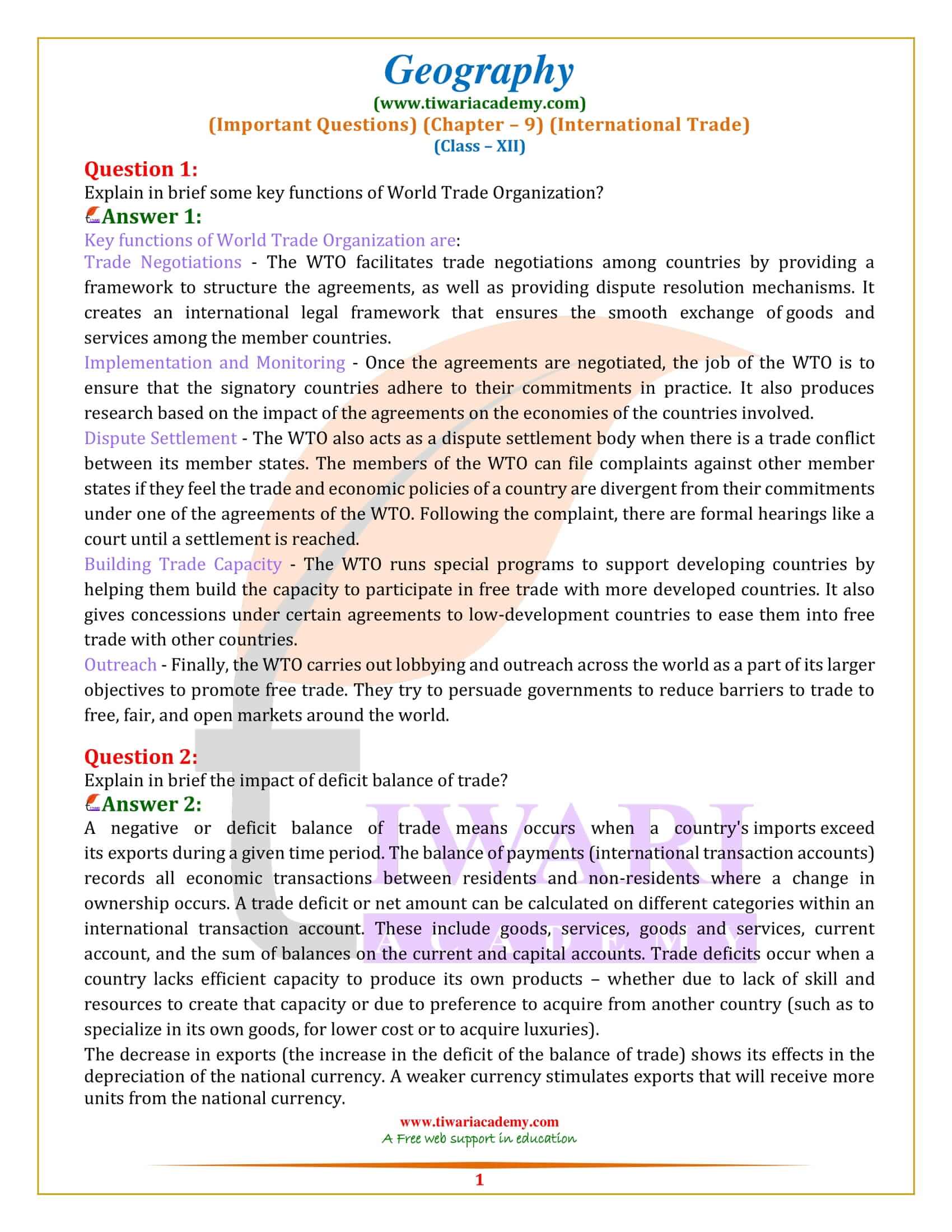 Class 12 Geography Chapter 9 Important Questions Answers
