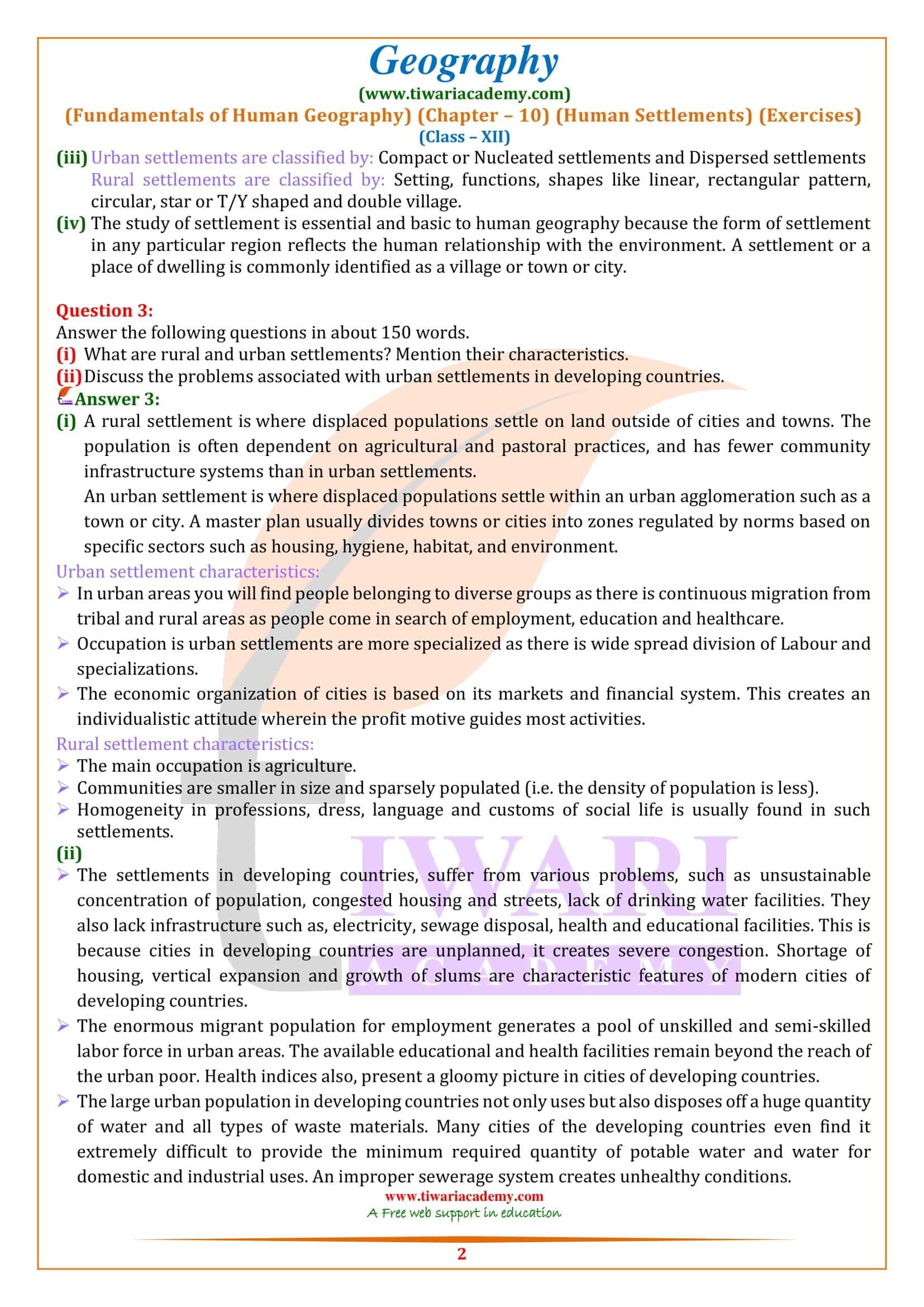 Class 12 Geography Chapter 10 Human Settlements